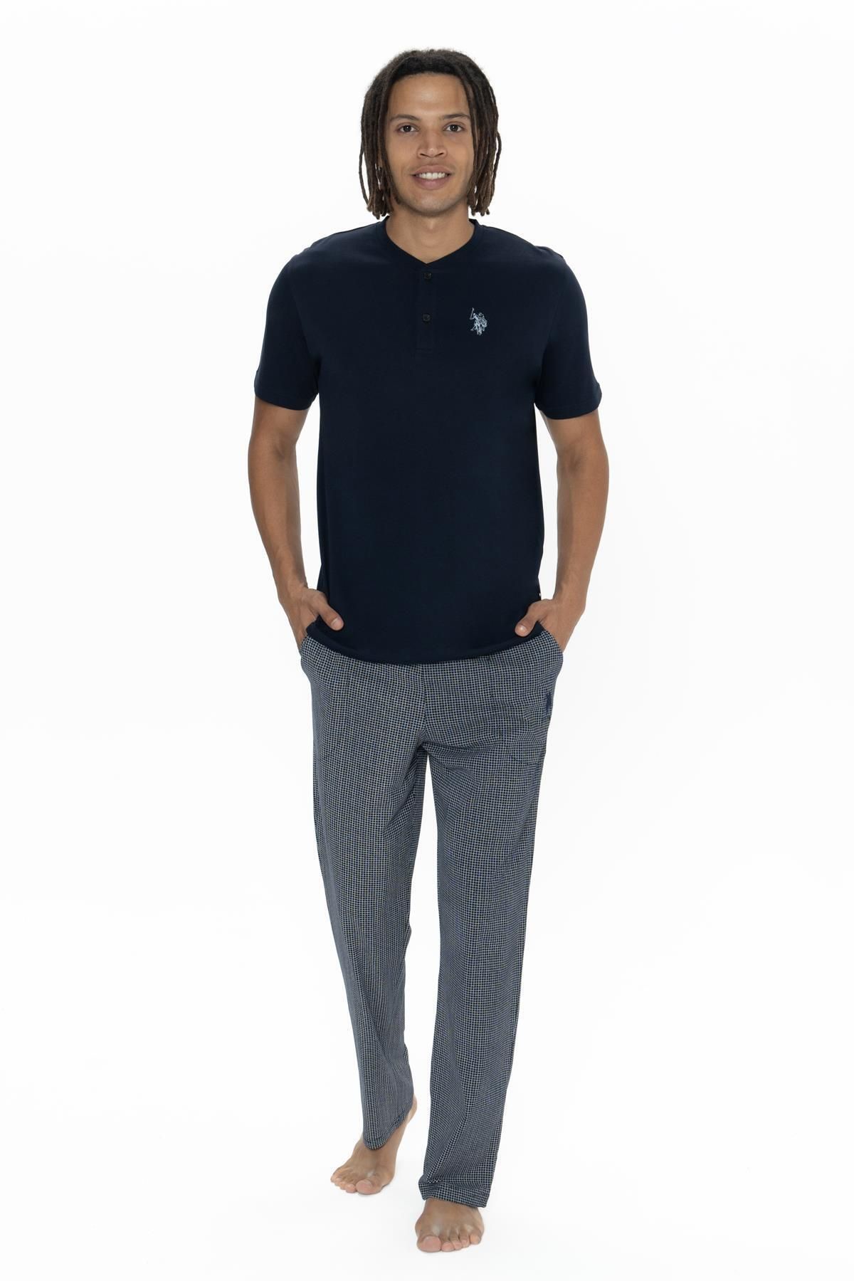 U.S. Polo Assn. U.S. Polo %100 Pamuklu, Düğmeli Bisiklet Yaka T-shirt, Desenli Cepli Pijama Takım