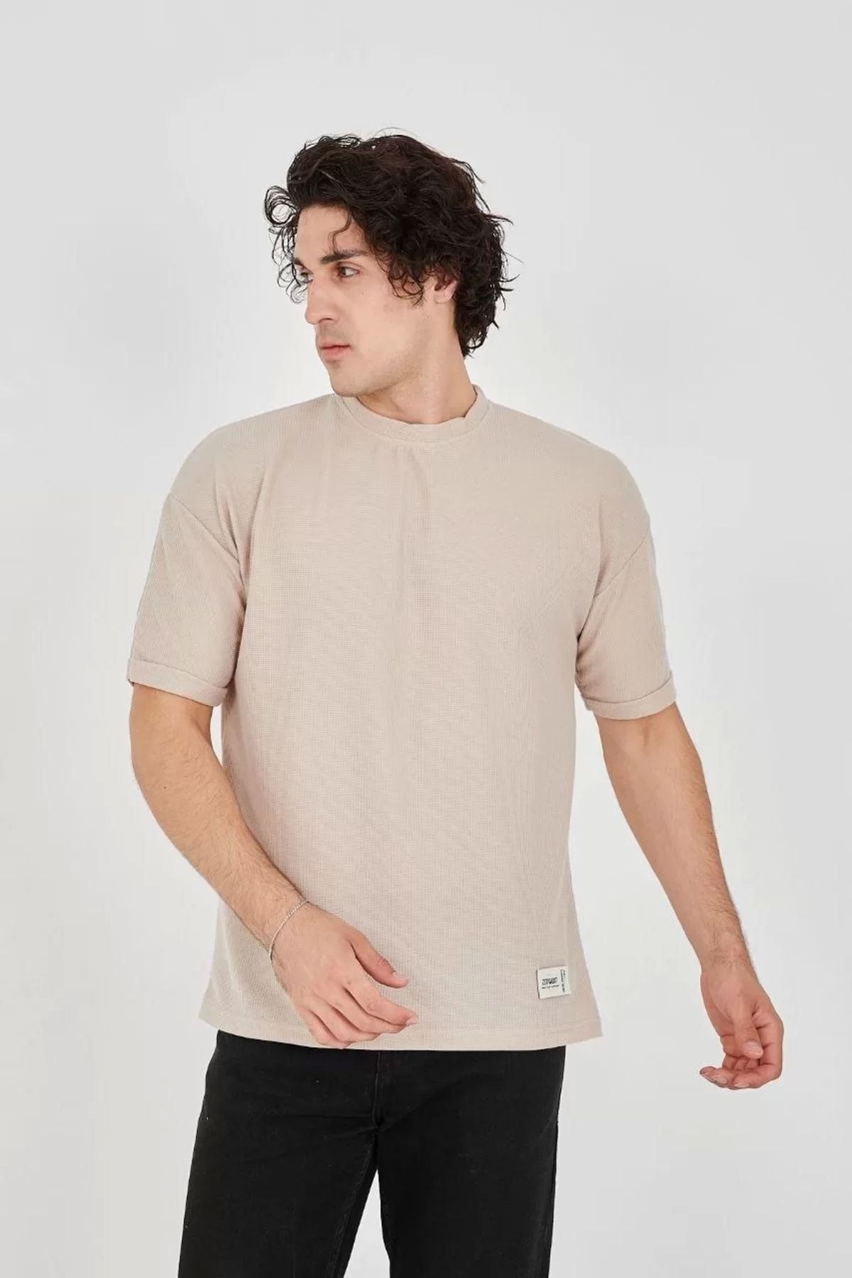 CVS Unisex Waffle Kumaş Rahat Kol T-Shirt - Bej