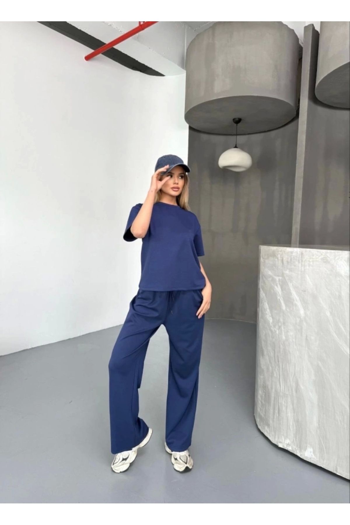 nedo7 Osy Modal Yumuşak Dokulu Kumaş Kısa Kollu Bluz Rahat Pantalon Ikili Takım- Lacivert