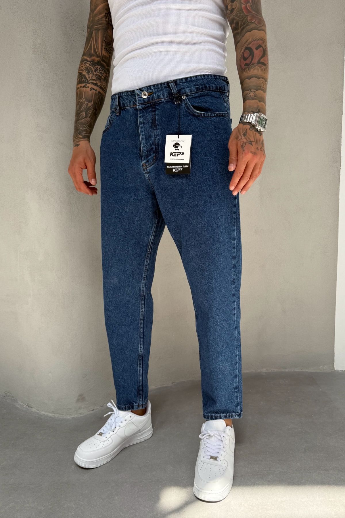 MADZEYMODA Koyu Mavi Boyfriend Kalıp Denim Kumaş Erkek Jean Kot Pantolon KE-189