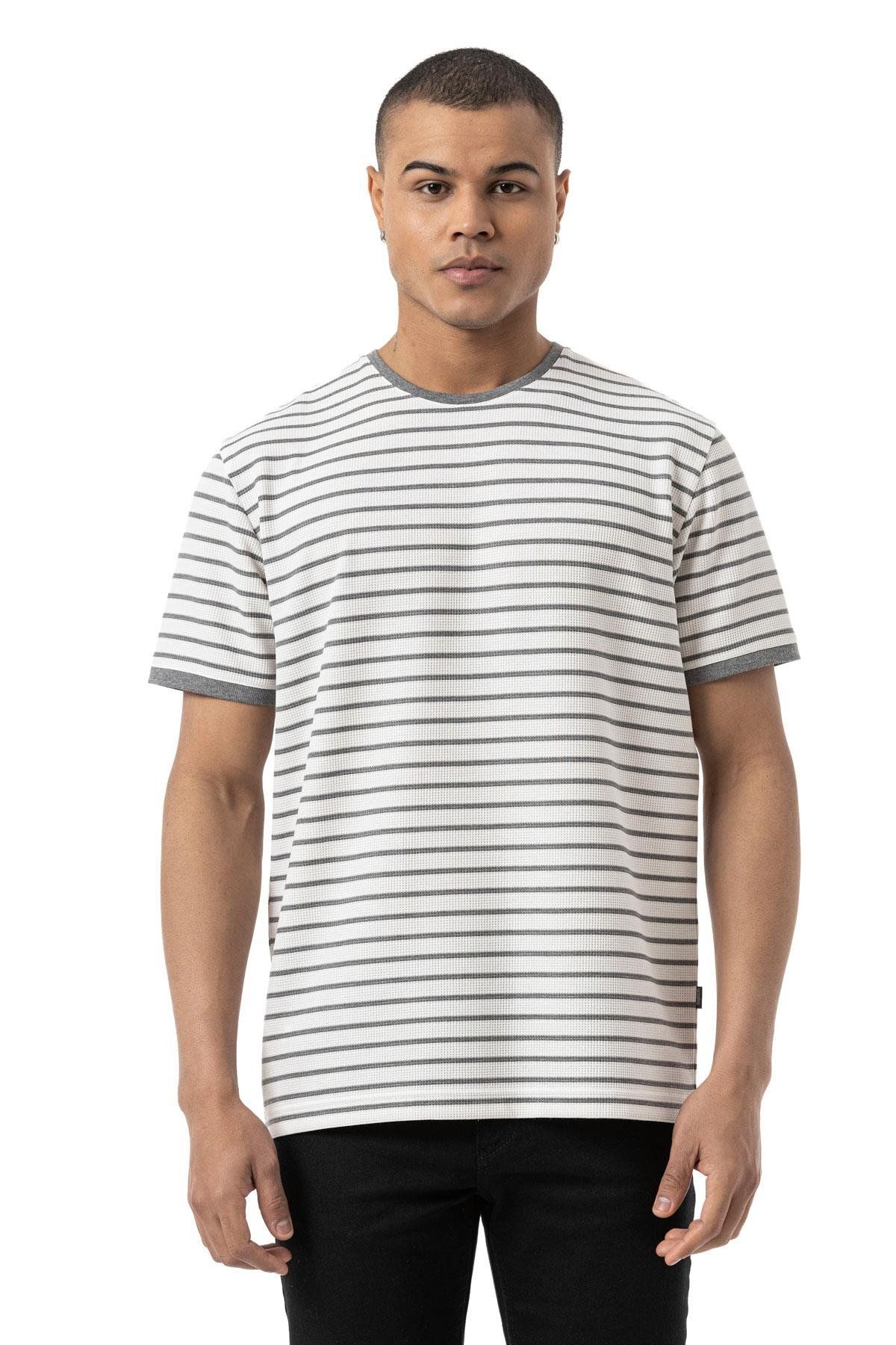 rugatchi Yatay Çizgili Waffle Bisiklet Yaka T-Shirt