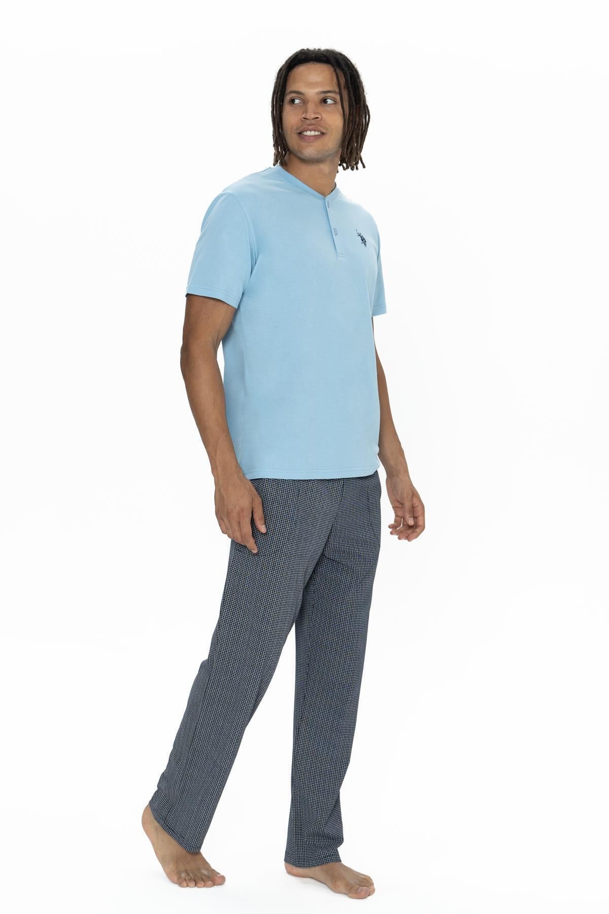 U.S. Polo Assn. U.S. Polo %100 Pamuklu, Düğmeli Bisiklet Yaka T-shirt, Desenli Cepli Pijama Takım