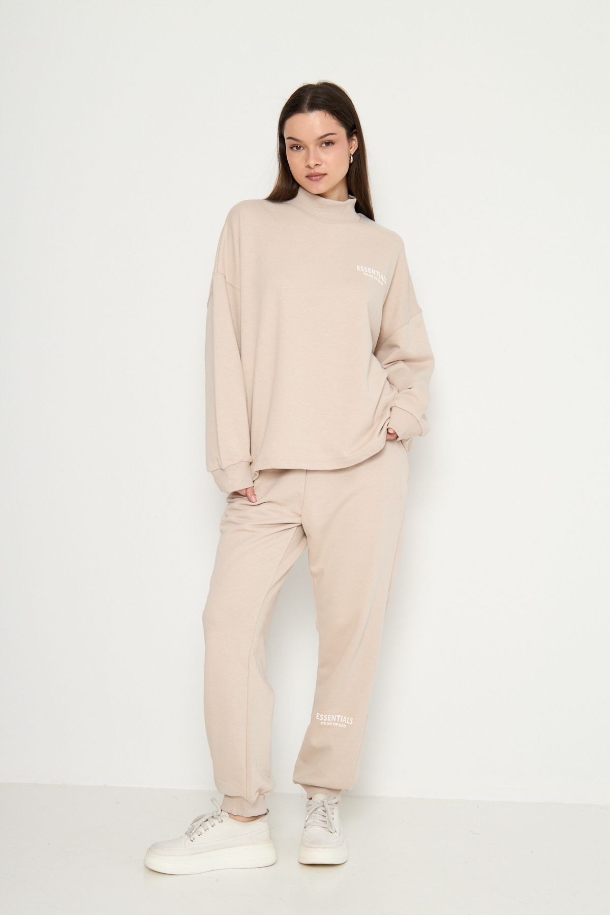 MODA Bej Essentials Baskılı Yarım Balıkçı Sweatshirt-Eşofman Kadın Eşofman Takımı