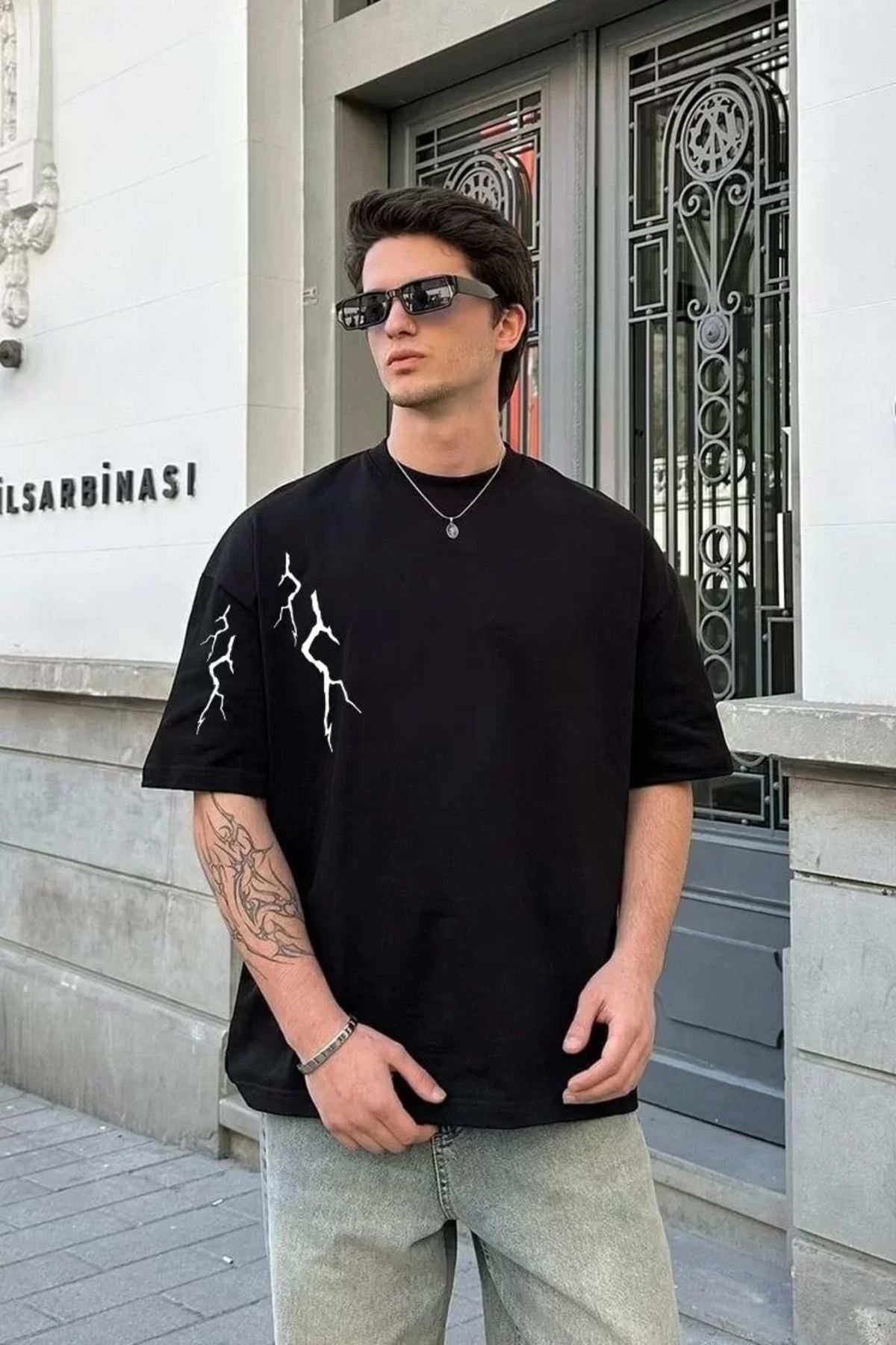 CVS Unisex Bisiklet Yaka Baskılı Oversize T-Shirt - Siyah