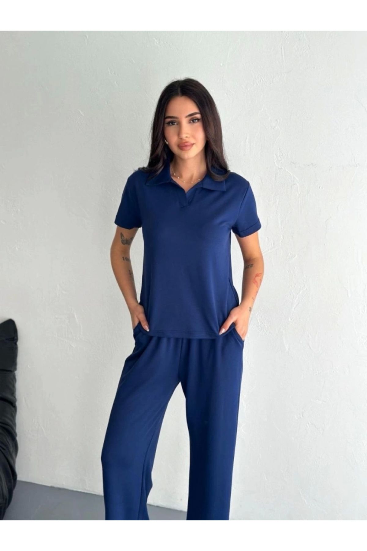 nedo7 Osy Modal Yumuşak Dokulu Kumaş Kısa Kollu Yakalı T-shirt Pantalon Ikili Takım- Lacivert