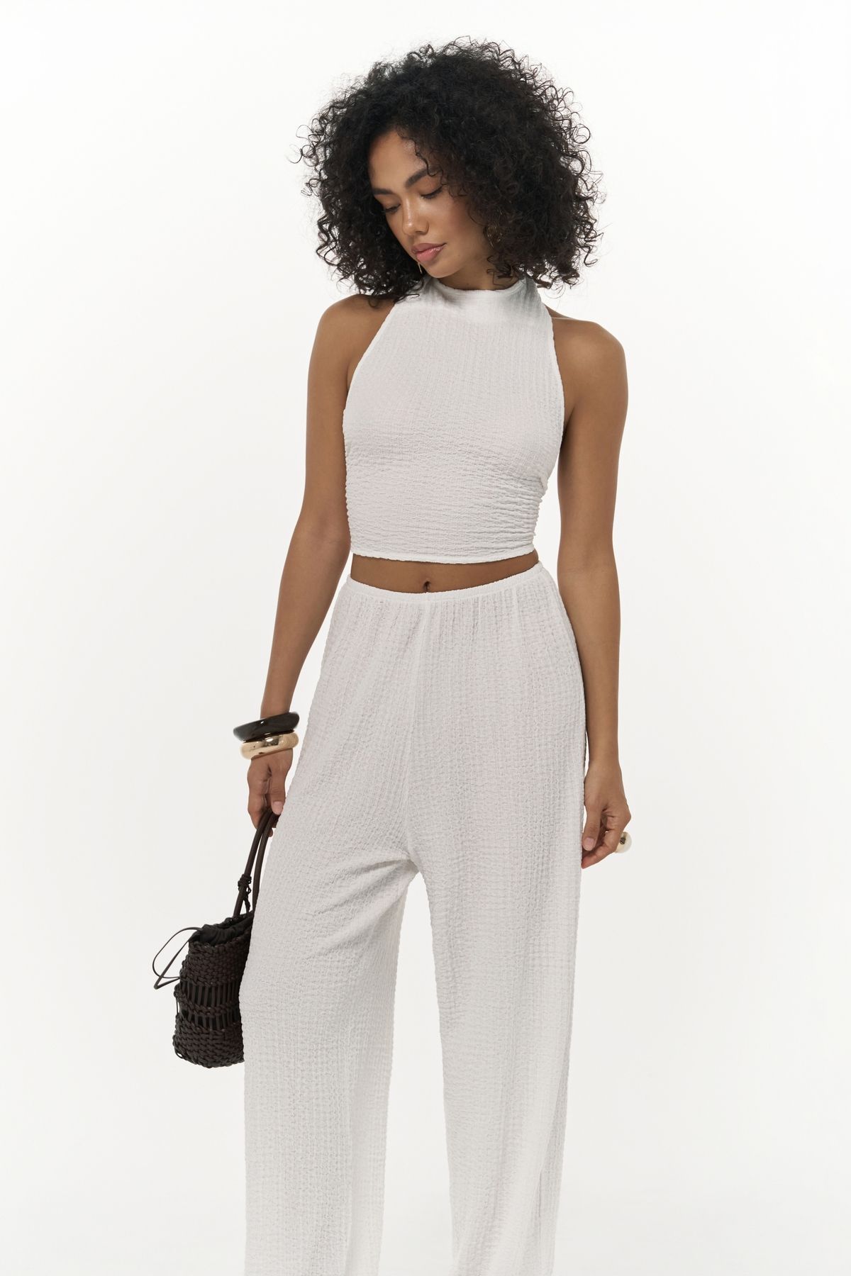 MAİ COLLECTİON Ayshe Bağlamalı Ekru Crop Pantolon Takım