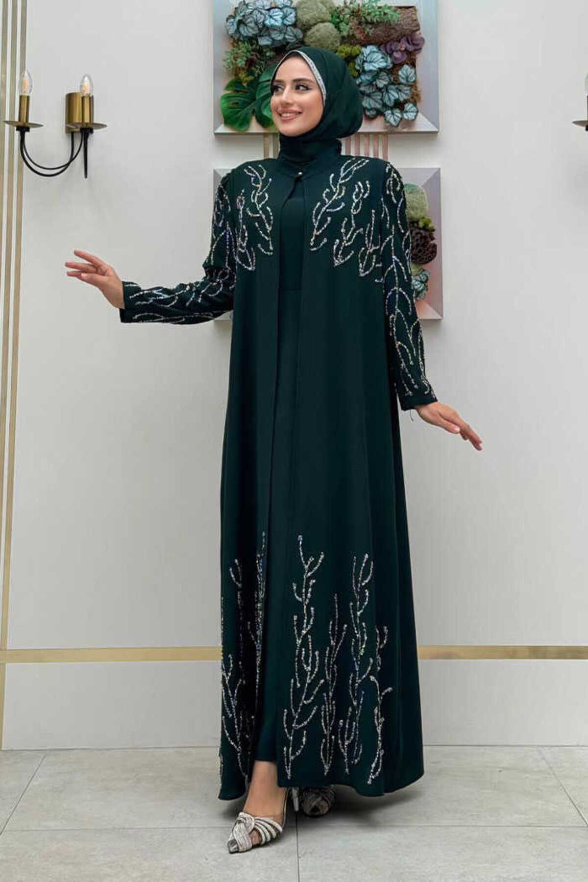 Bym Fashion Taş Detaylı Yelekli Elbise Takım 3929 Zümrüt