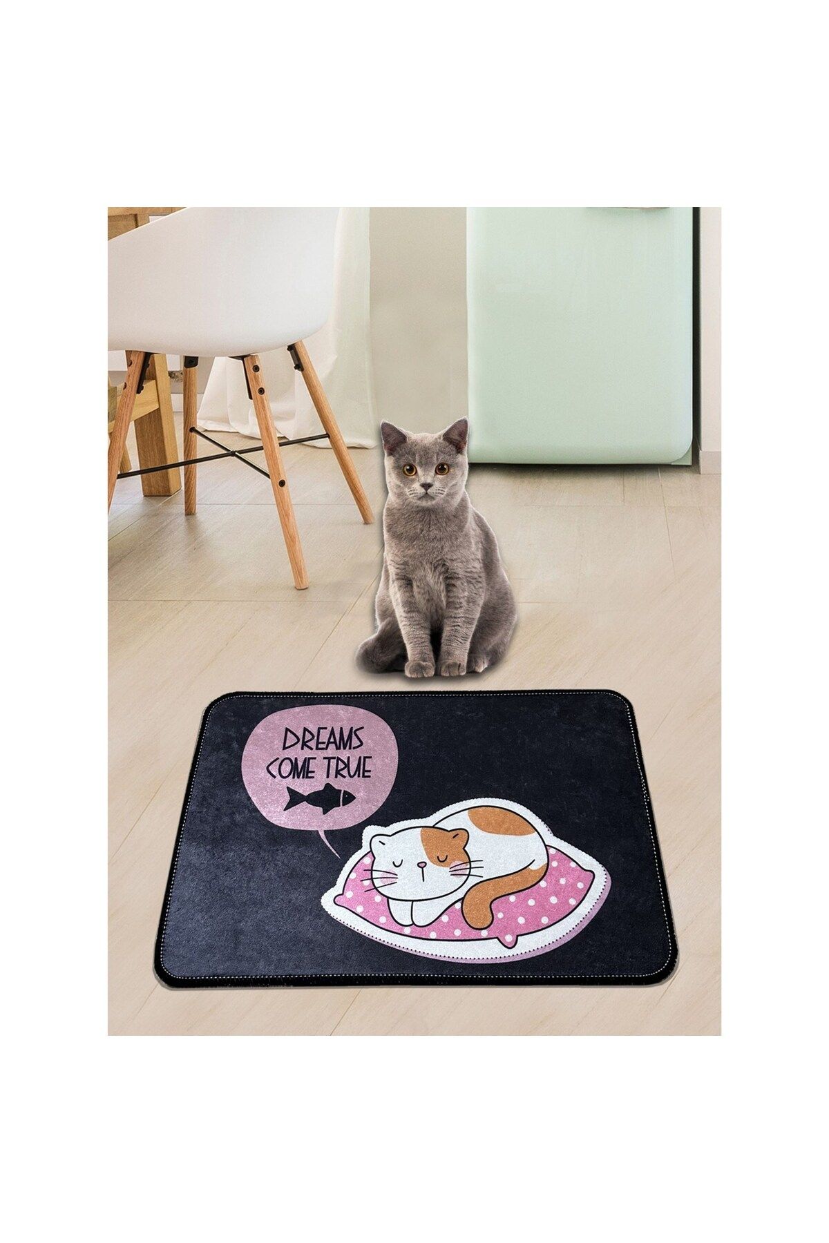 Casaculina Uyuyan Kedi Desenli Mama Altlığı, Mama Su Matı Su Geçirmez Kaymaz Yıkanabilir Kedi Matı 60x39cm