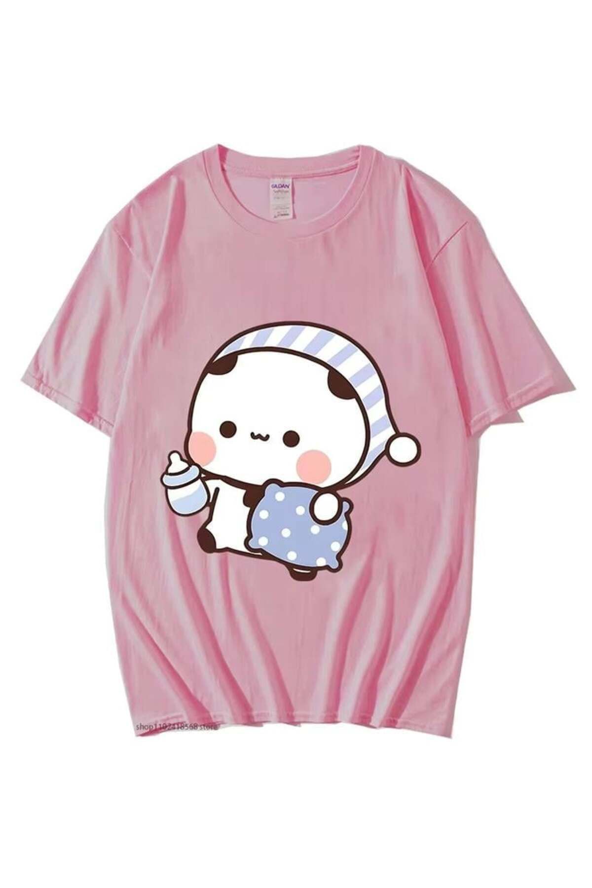 BALİNA Pembe Bubu Dudu Panda Sleepy Çift Unisex T-shirt -ALH