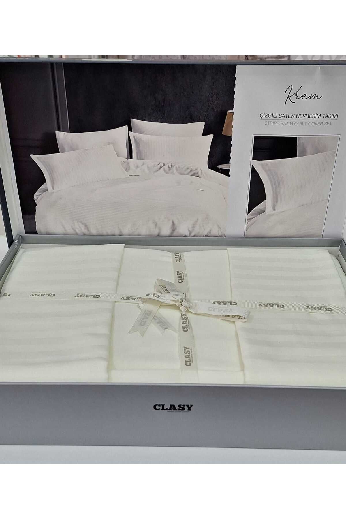 Aran Clasy-Σετ Παπλωματοθήκη Διπλό Εκρού Σατέν - Clasy Ριγέ 2