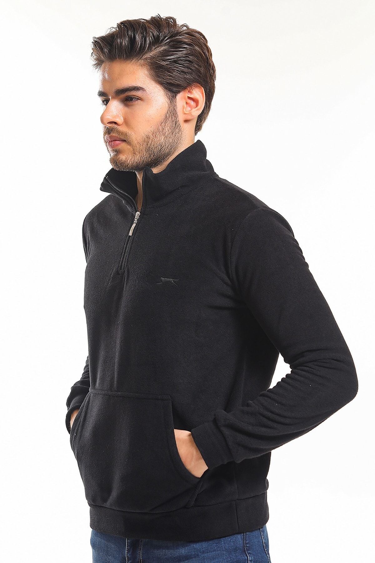Slazenger Günlük Polar Fermuarlı Rahat Sweatshirt Erkek Spor Siyah