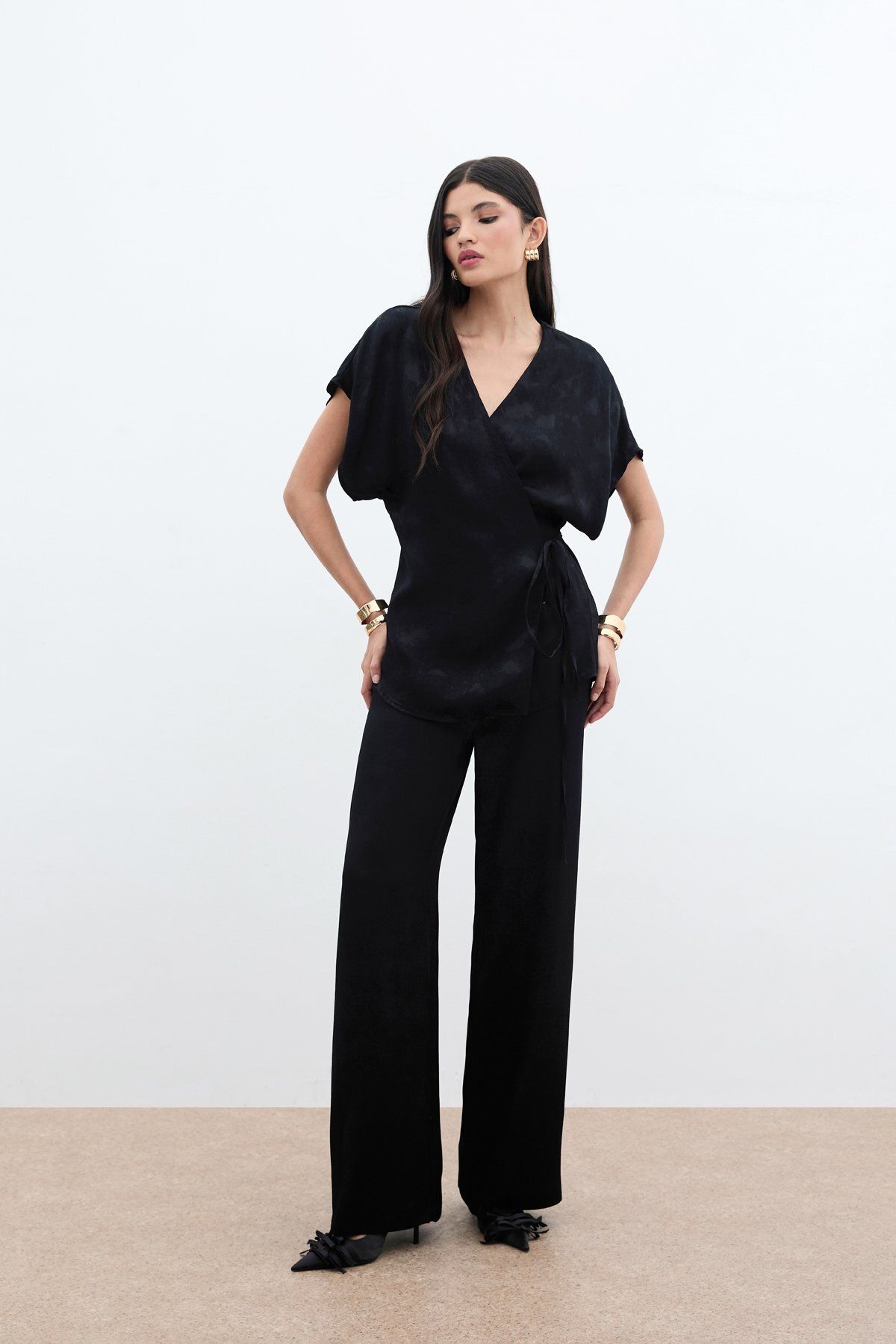 Sateen Cepli Bol Pantolon - Siyah