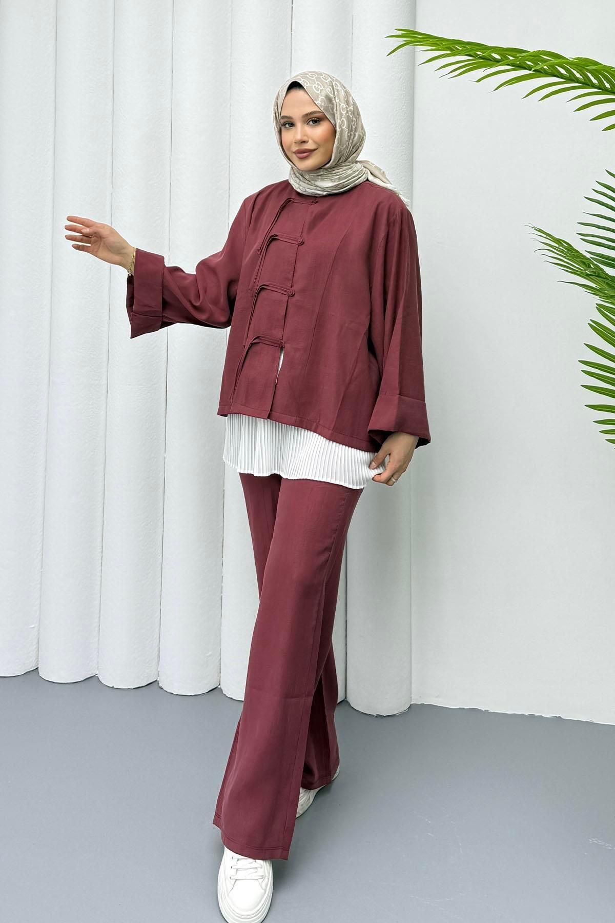 Modaensarbutik Hakim Yaka Gömlekli Tesettür Takım-BORDO
