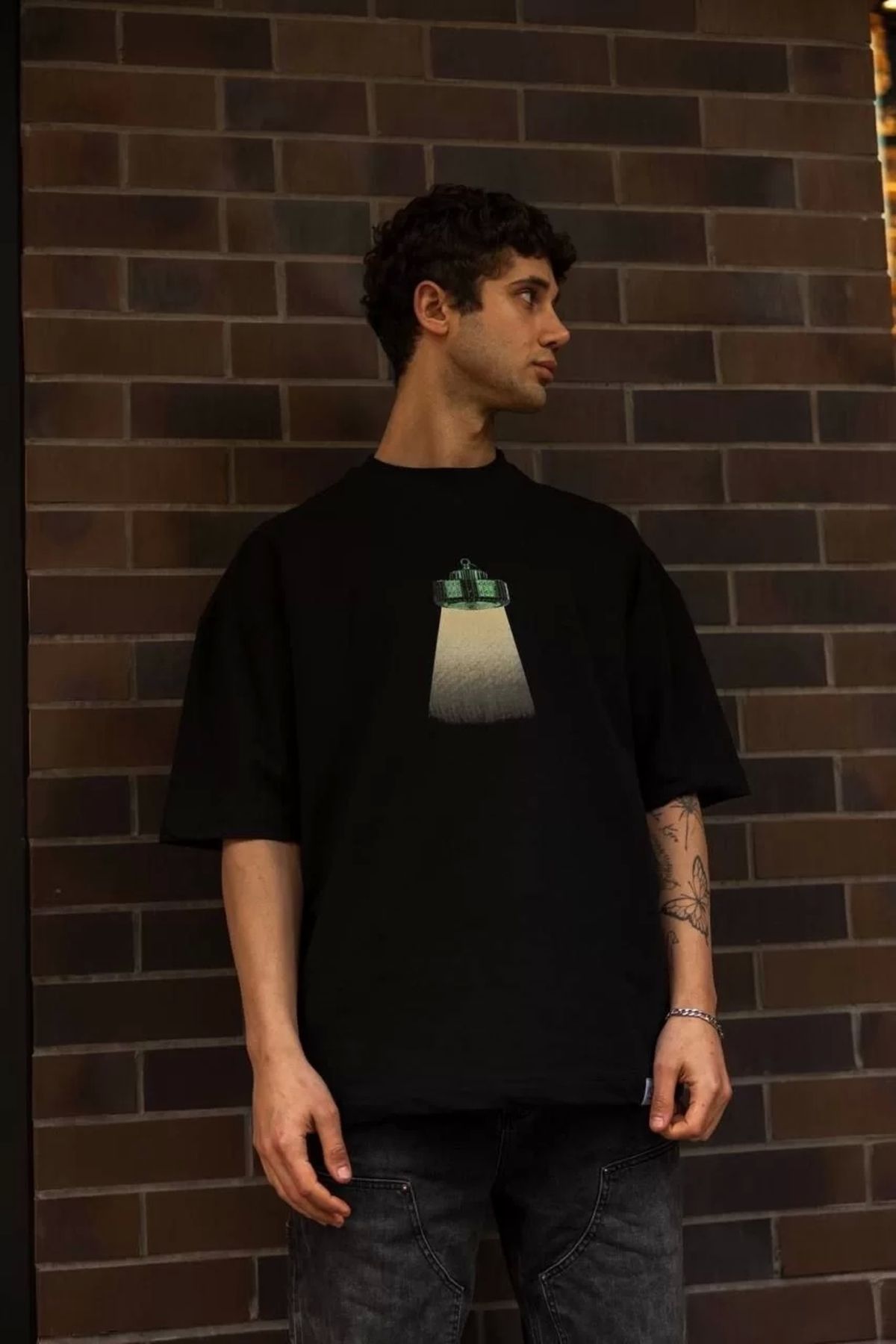 CVS Unisex Bisiklet Yaka Baskılı Oversize T-Shirt - Siyah