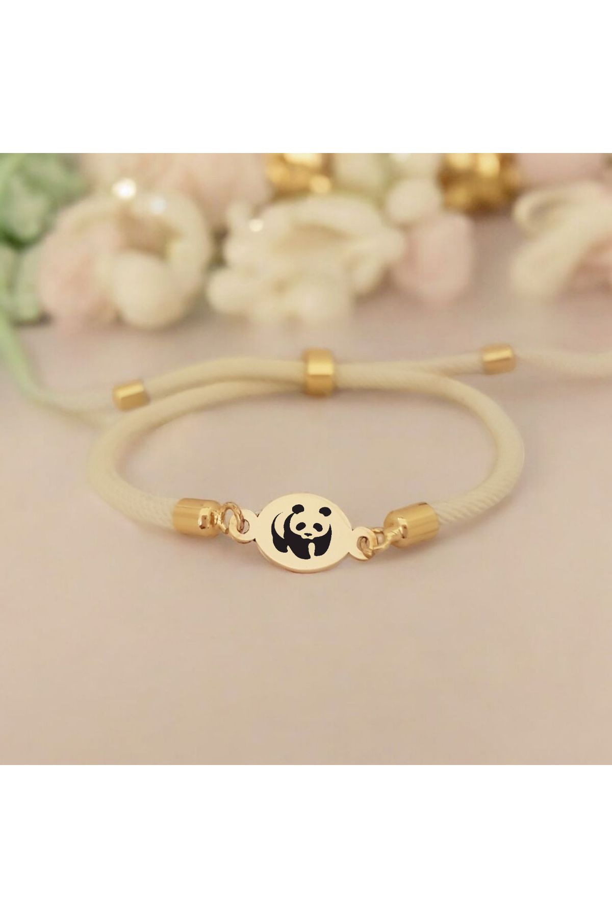 ARCHINO GOLD Bayanlara Özel Oval Motifli 14 Ayar Altın Plakalı Ve Örgülü Panda Bilekliği-424sembol-beyaz
