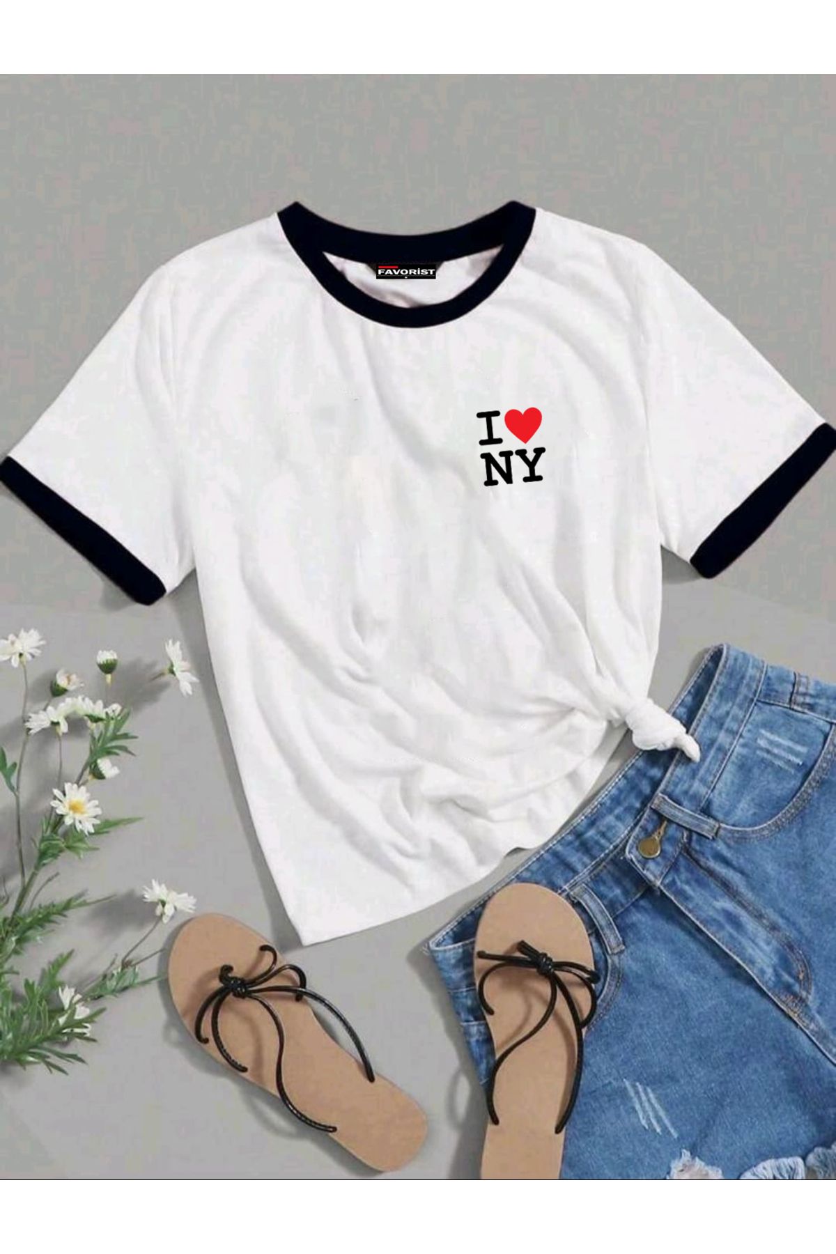 FAVORİST Tişört ( KARIŞIK BASKILI ) Biye Kol Detaylı Yazlık Pamuklu T-shirt