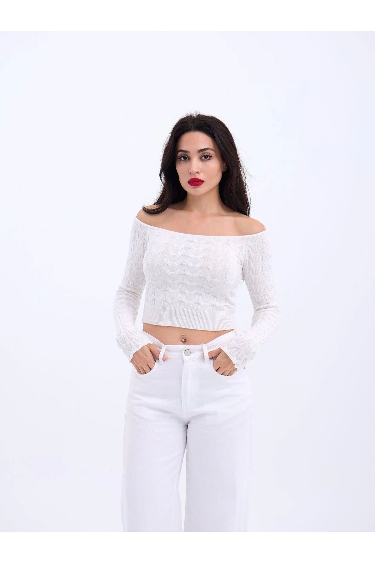nedo7 42241 TRİKO KAYIK YAKA CROP-EKRU