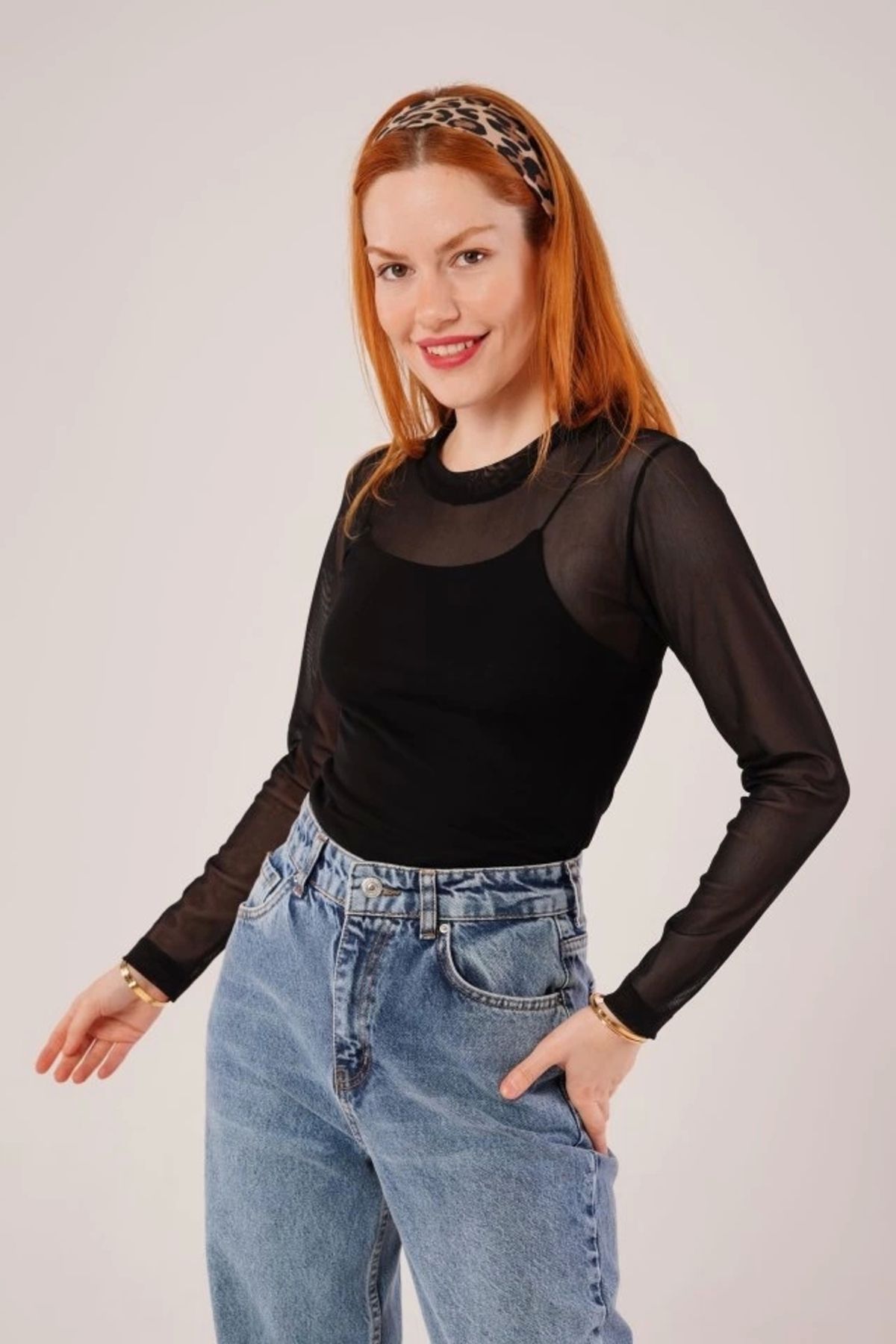 nedo7 Transparan Siyah Tül Basic Bluz