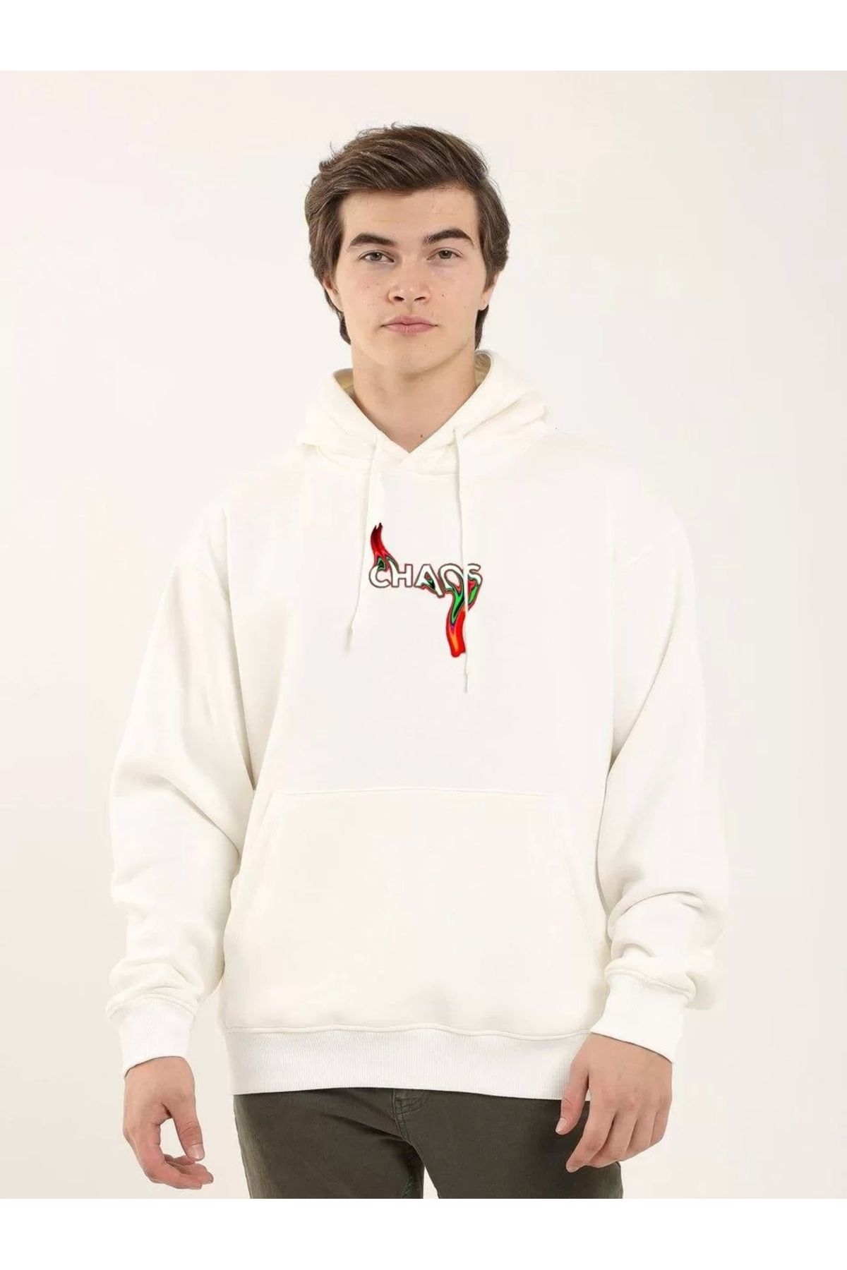 CVS Unisex Baskılı Oversize Üç İplik Kapüşonlu Sweatshirt - Beyaz