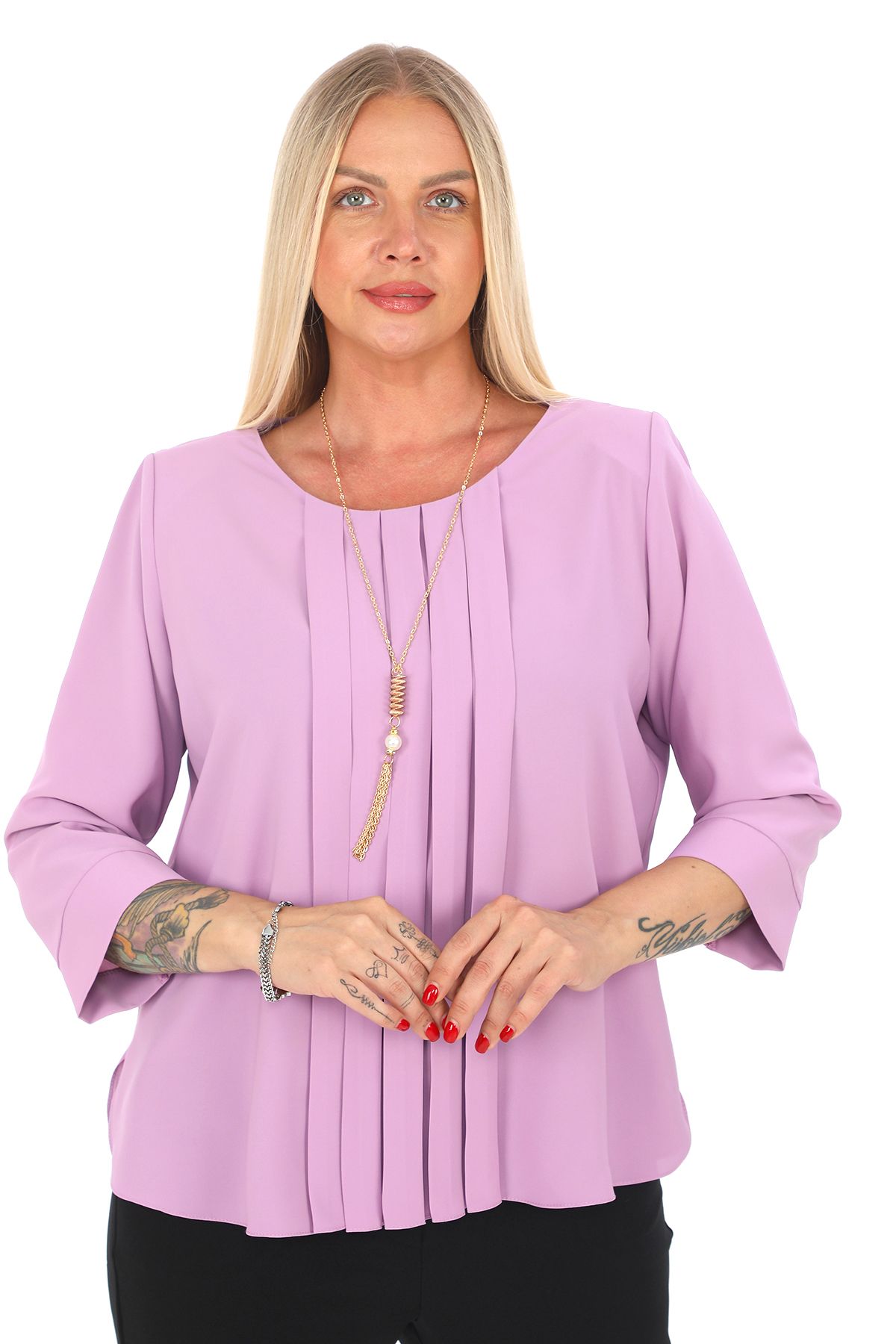 KİFAYET 21522 Kolyeli Önü Pliseli 3/4 Kol Jesika Bluz (R) (D103)