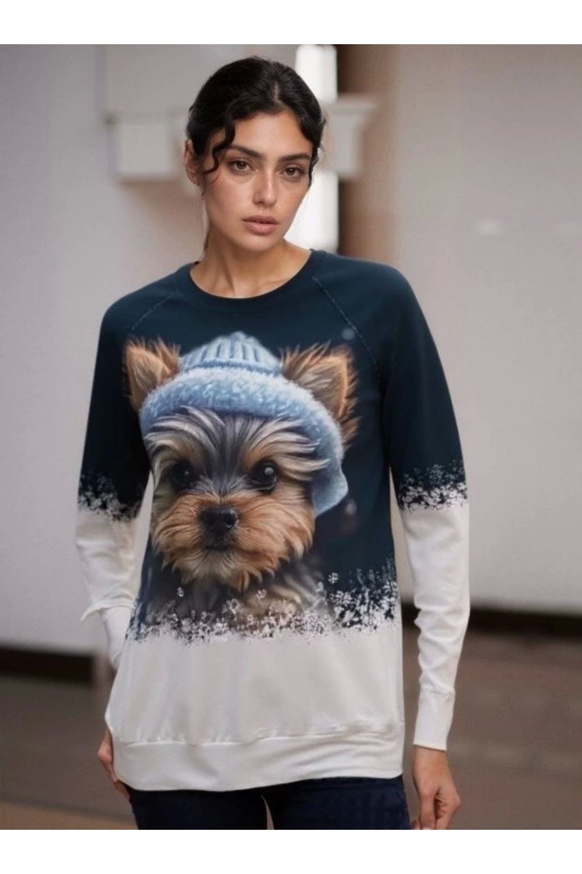 nedo7 Kadın Uzun Kollu Bisiklet Yaka Köpek Baskılı şardonlu Dalgıç Bluz