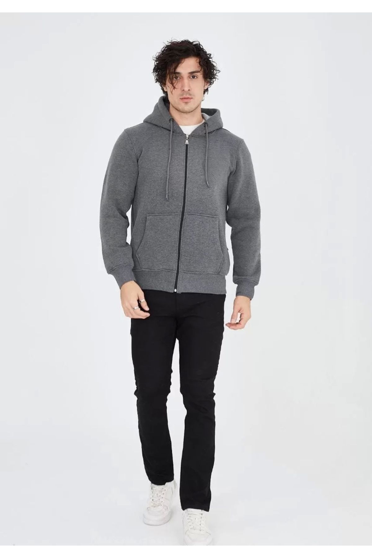 CVS Unisex Tam Fermuarlı Kapşonlu Sweatshirt - Füme