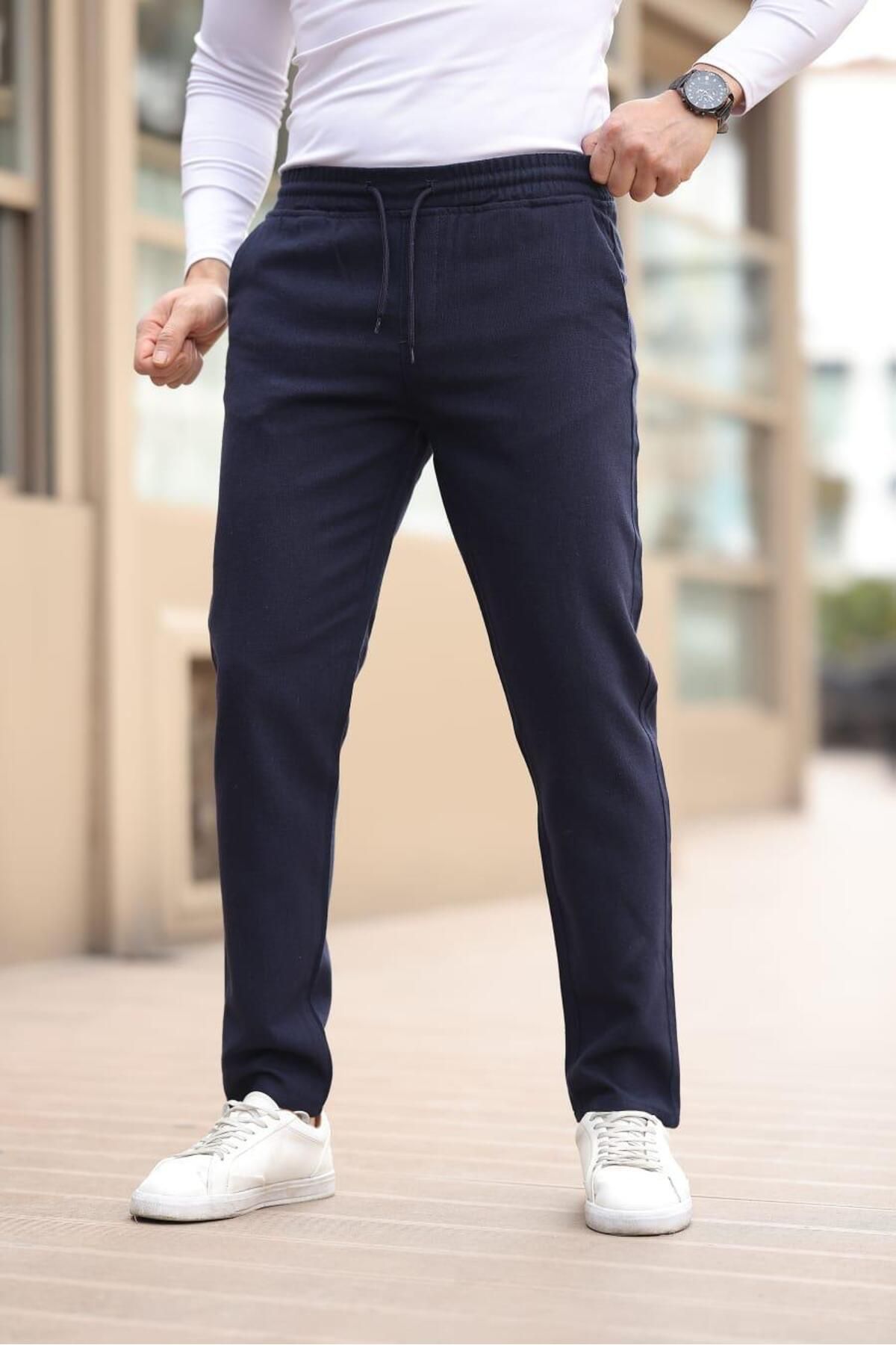 Afri Düğmesiz Düz Kumaş Lacivert Jogger Pantolon