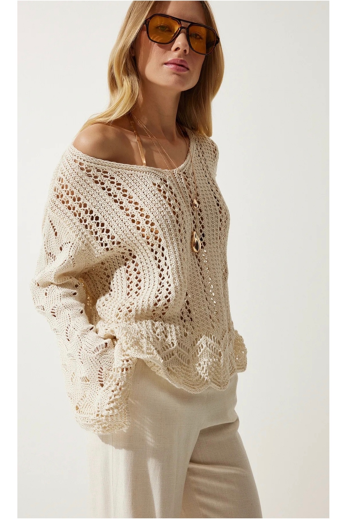 K-ODEA BUTİK-Ecru Openwork Spanish Sleeve Seasonal Knitwear Sweater 4