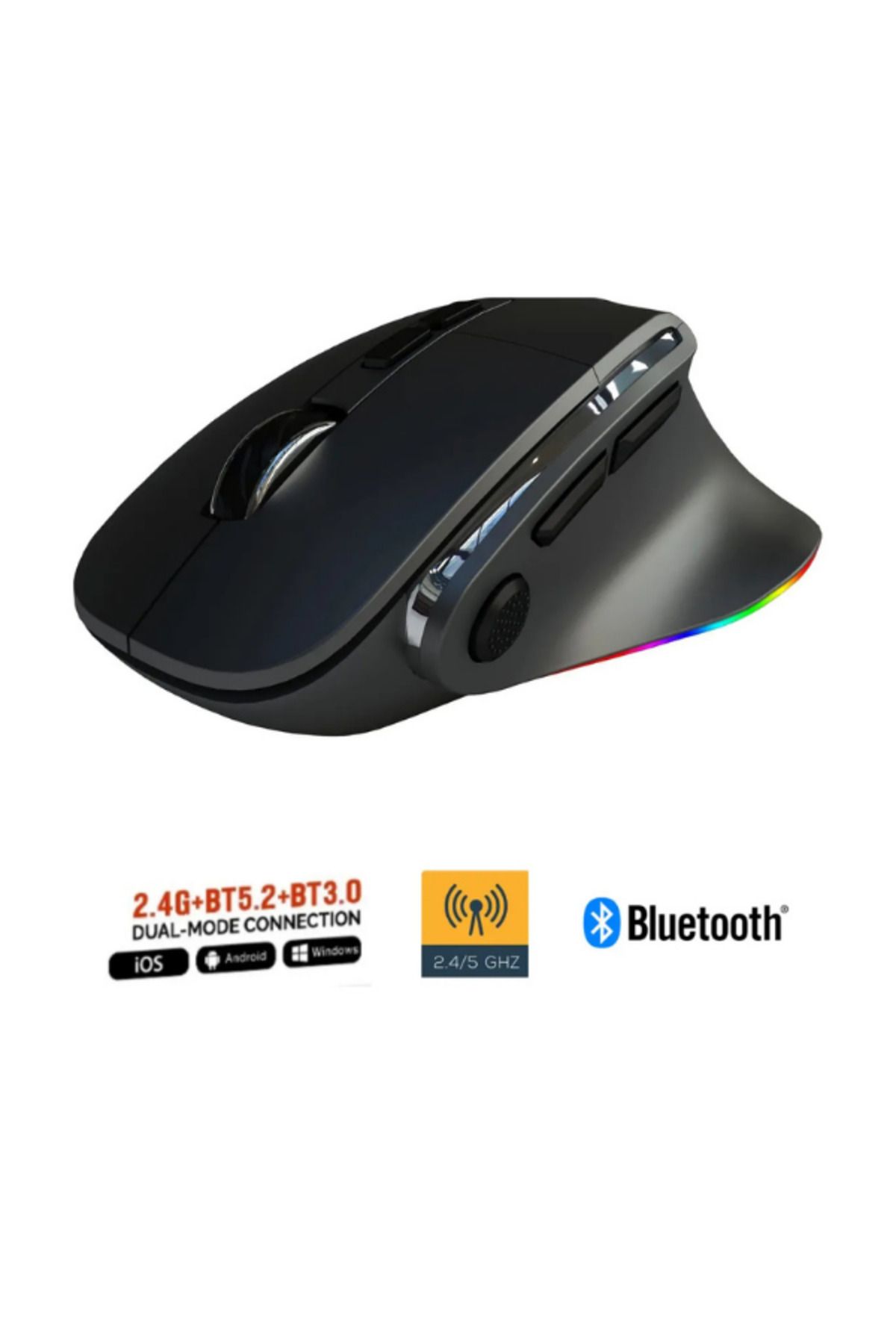 Hietech Siyah Kablosuz Ergonomik Zarif Tasarım RGB Dual Moude 2.4Ghz+BT5.0 Ofis ve Gaming Oyuncu Faresi