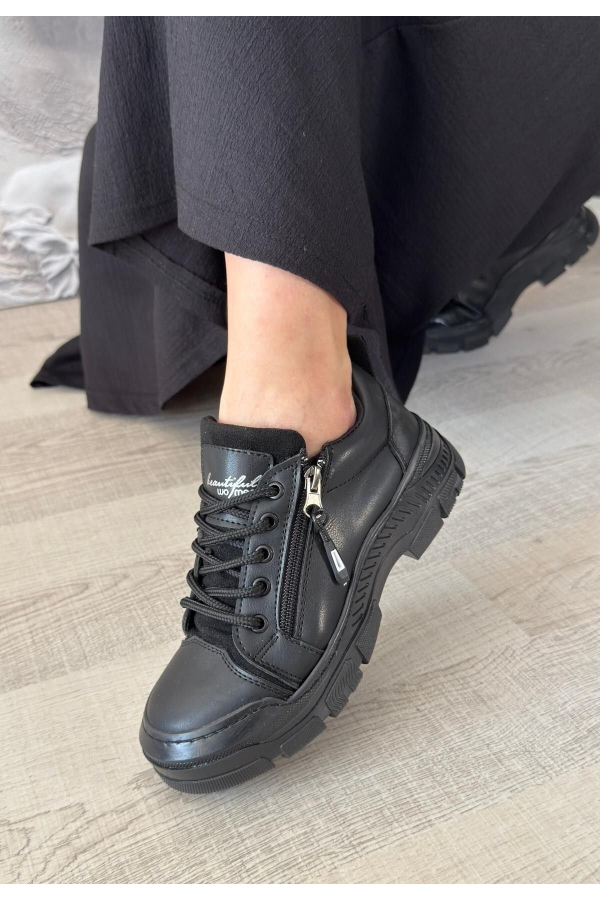 pabucmarketi Siyah Suni Deri Bağcıklı Kadın Sneaker Ayakkabı