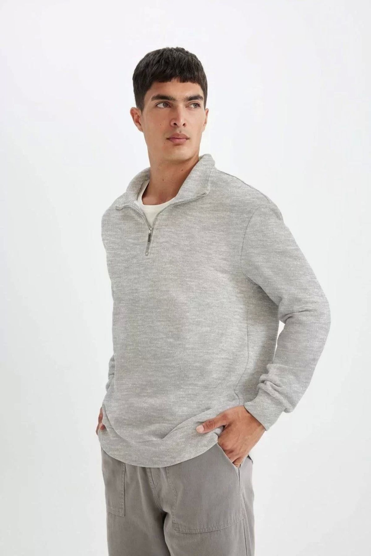 CVS Unisex Uzun Kol Yarım Farmuarlı Yakalı Basic SweatShirt - Gri