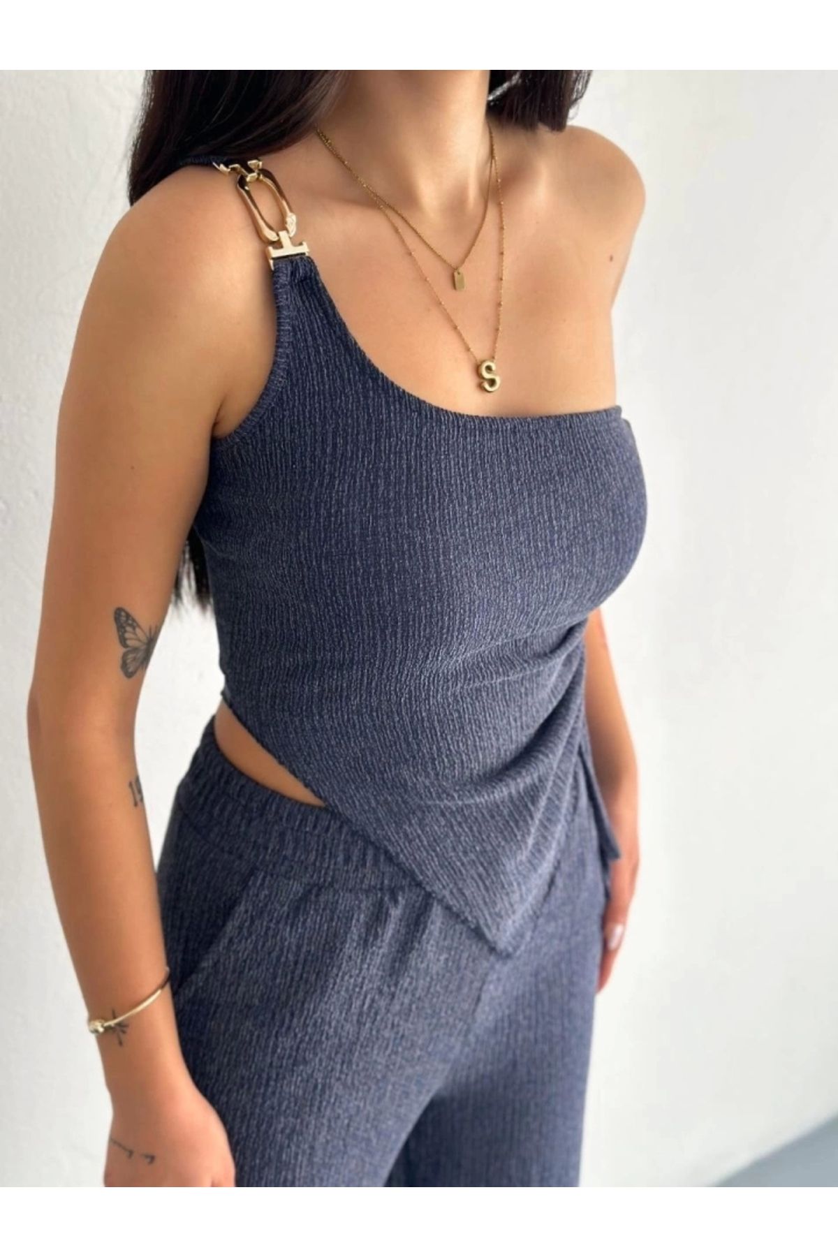 nedo7 Asimetrik Crop Pantalon Ikili Takım - Lacivert