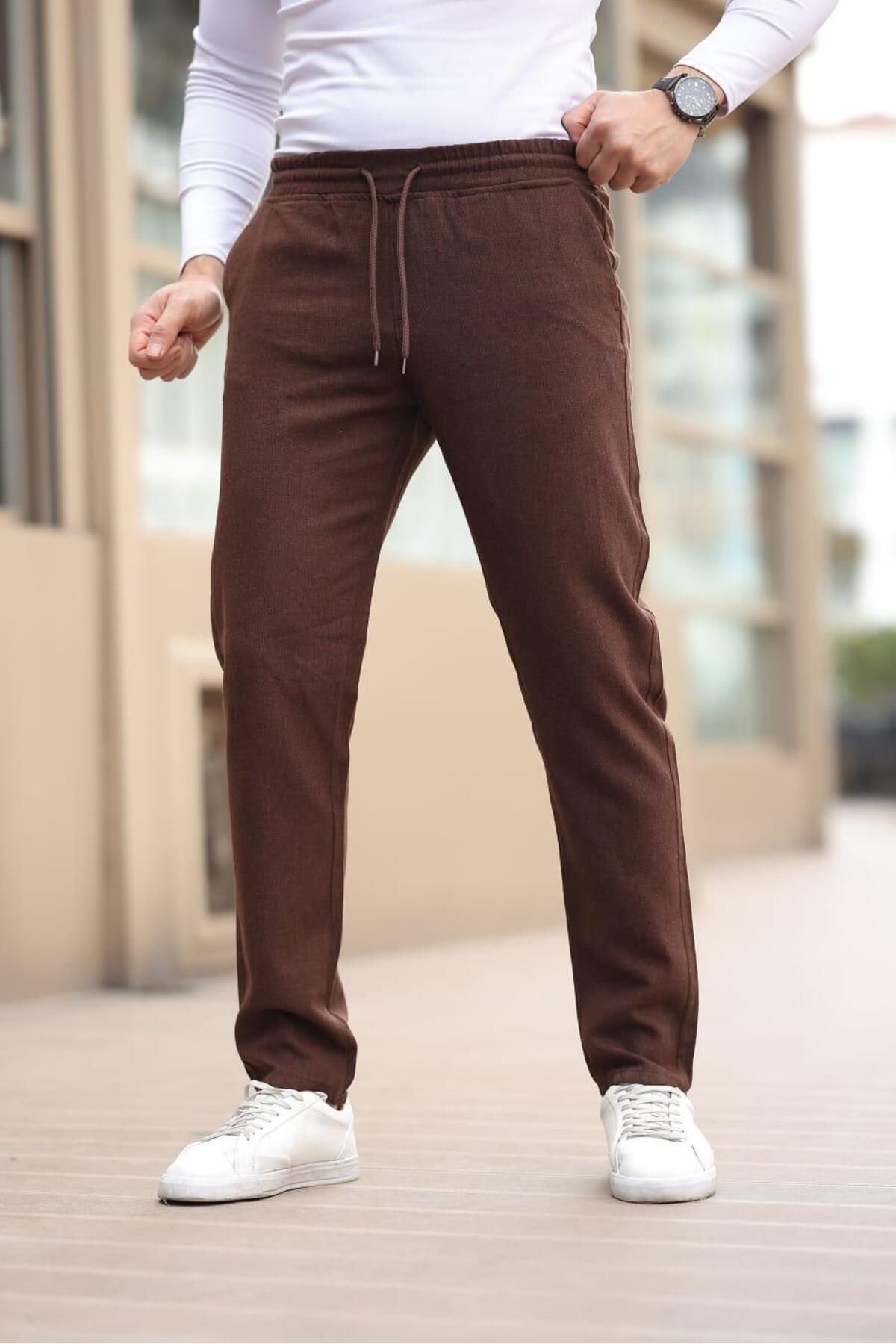 Afri Düğmesiz Düz Kumaş Kahverengi Jogger Pantolon