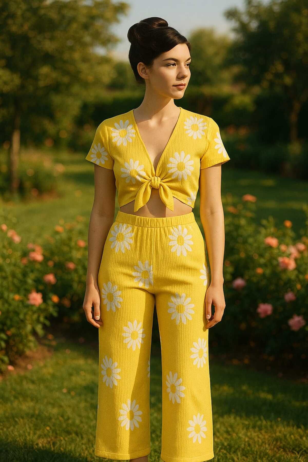 PEMBİŞ HOMEWEAR Bürümcük Kısa Kollu Papatyalı Bağlamalı Crop Takımı