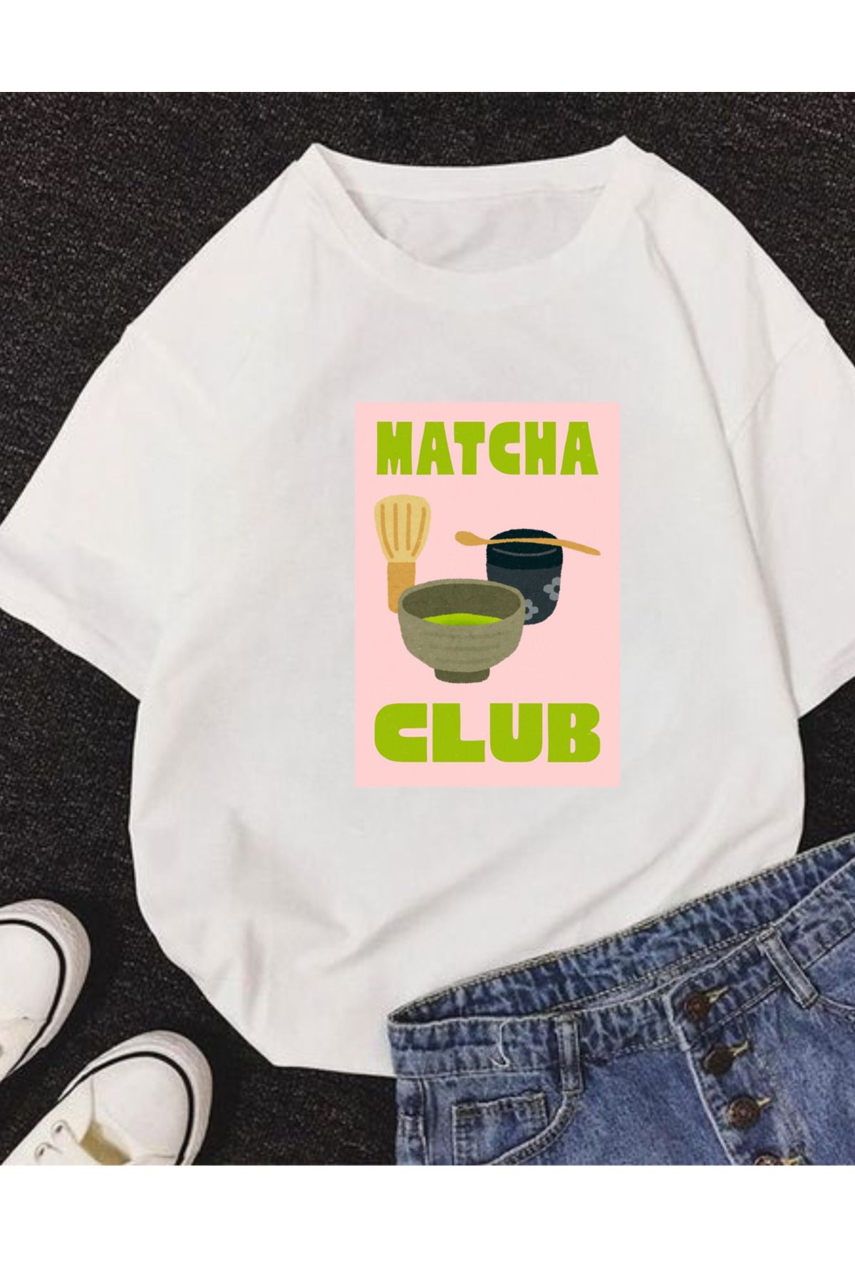 AEMİ Unisex Matcha Baskılı %100 Pamuk Oversize T-shirt