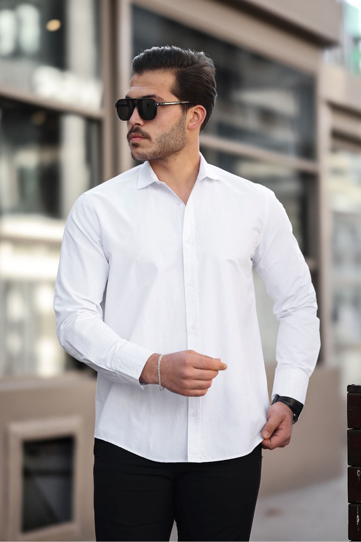 Shop58 Erkek Büyük Beden Beyaz kejil Casual Pamuk Poplin Kumaş Gömlek
