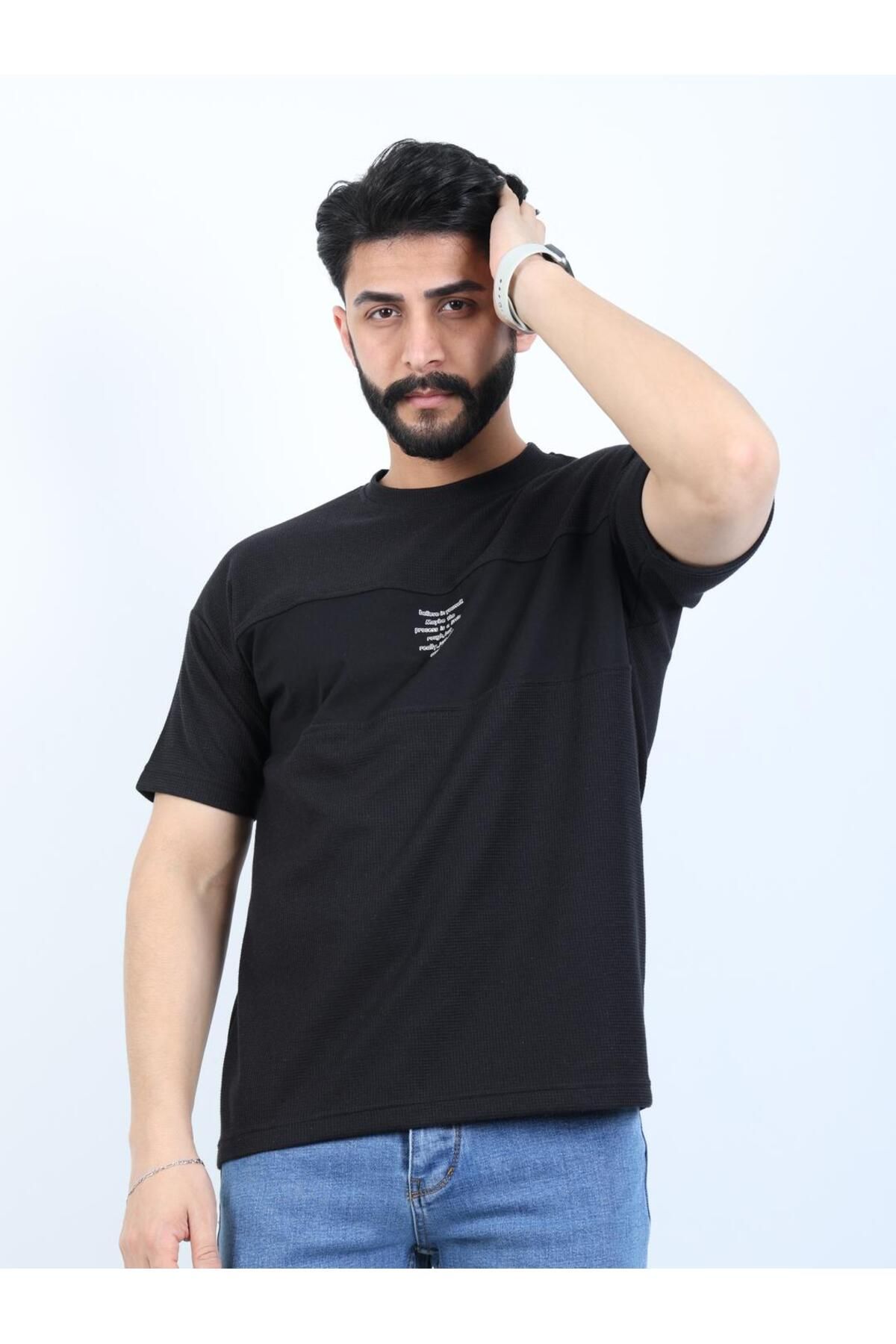 twentyfive25 Erkek Bisiklet Yaka Baskılı Oversize Tişört
