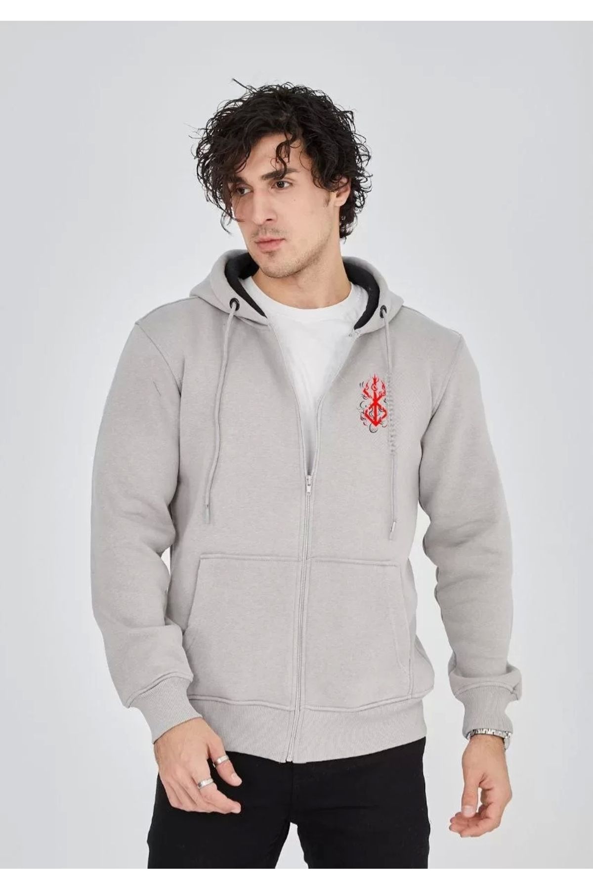CVS Unisex Baskılı Tam Fermuarlı Kapşonlu SweatShirt - Boyalı Gri