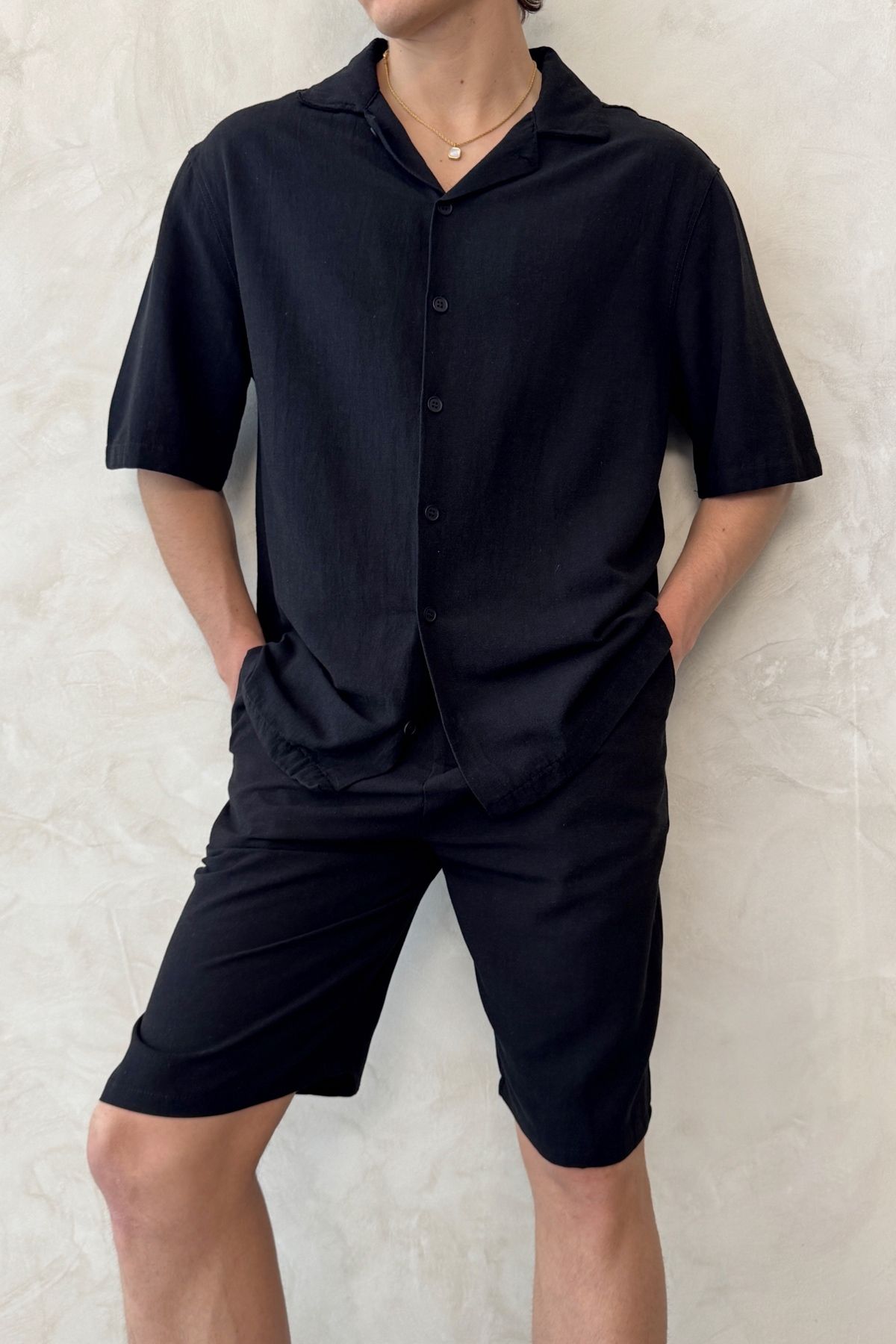 HYMAN-Men's Oversize Linen Shirt Shorts Set 4