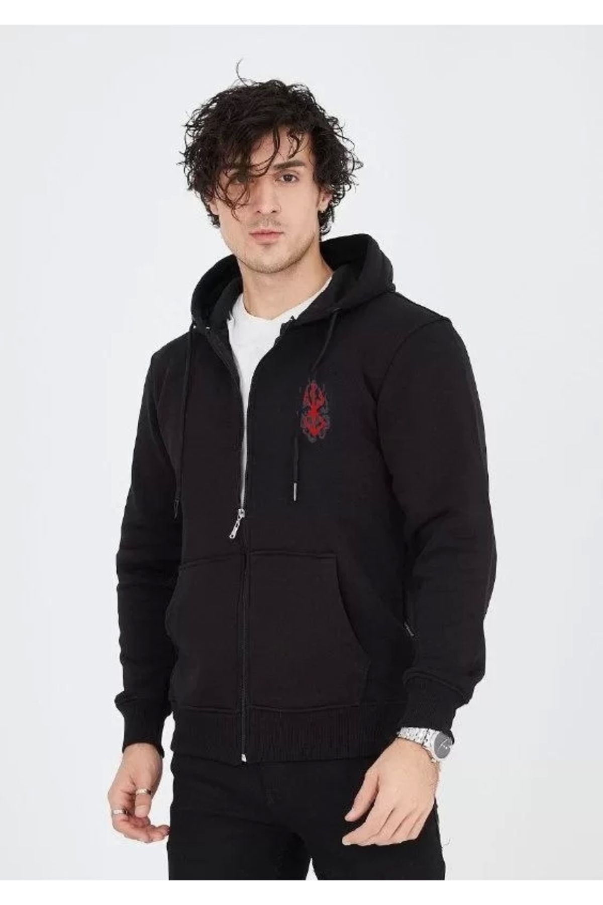 CVS Unisex Baskılı Tam Fermuarlı Kapşonlu SweatShirt - Siyah