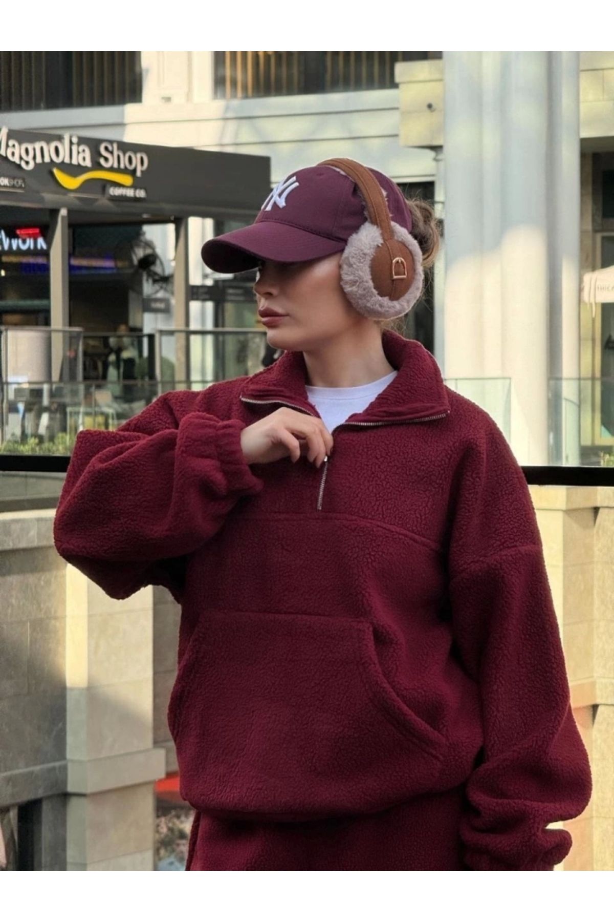 nedo7 Kalın Polar Yakalı Fermuarlı Sweat Pantolonlu Takım - Bordo