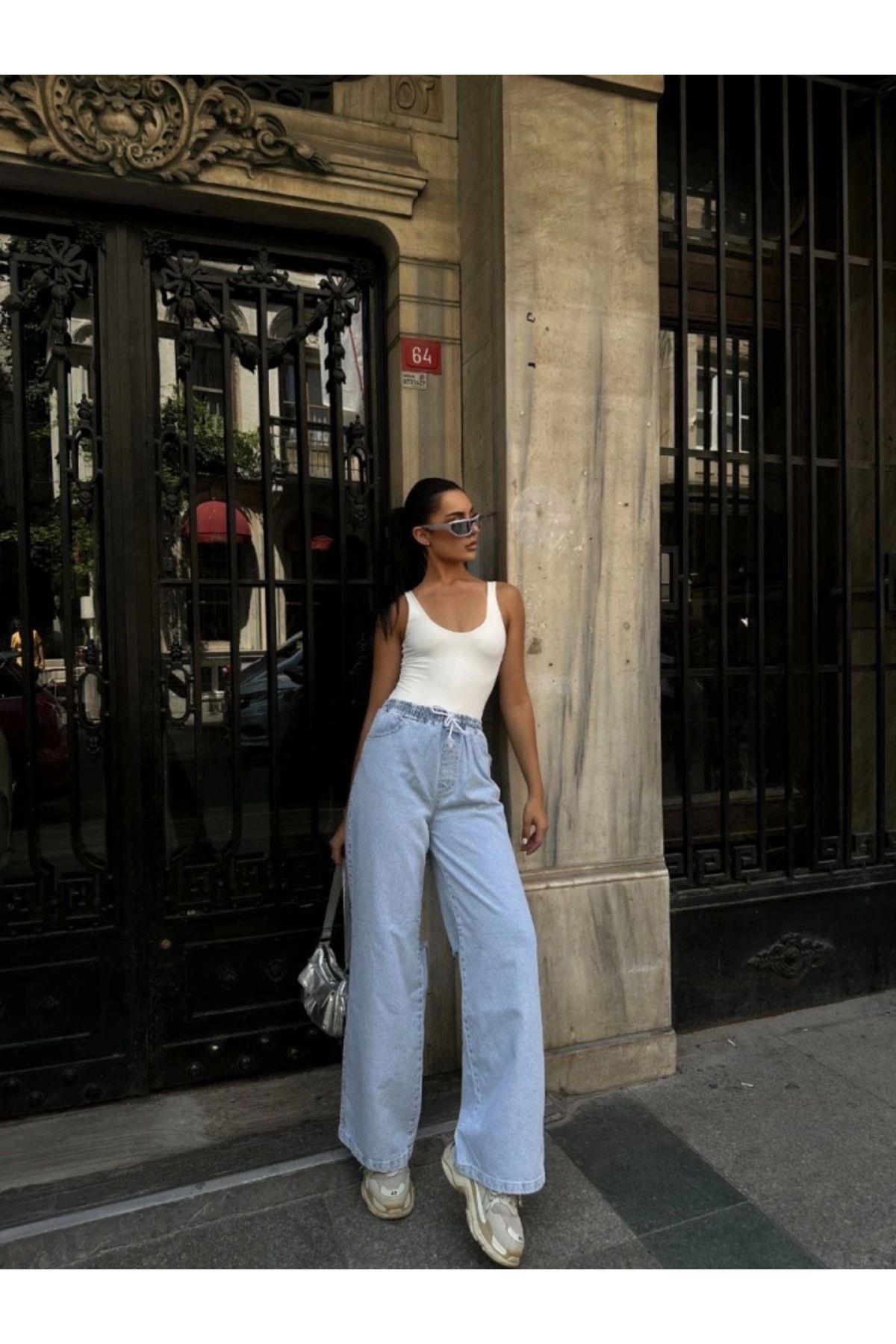 nedo7 Arkadan Yırtmaçlı Jeans Kot Palazzo Pantolon - Mavi
