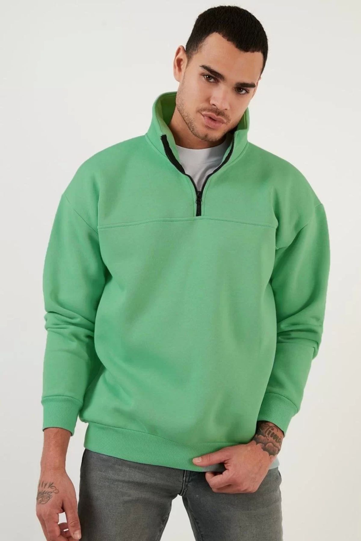 CVS Oversize Yarım Farmuarlı Yakalı Basic SweatShirt - Yeşil