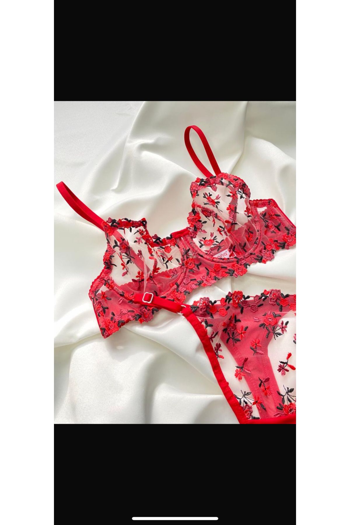 Sseraphine Kırmızı çiçek desenli bralet takımı-alt/üst iç giyim