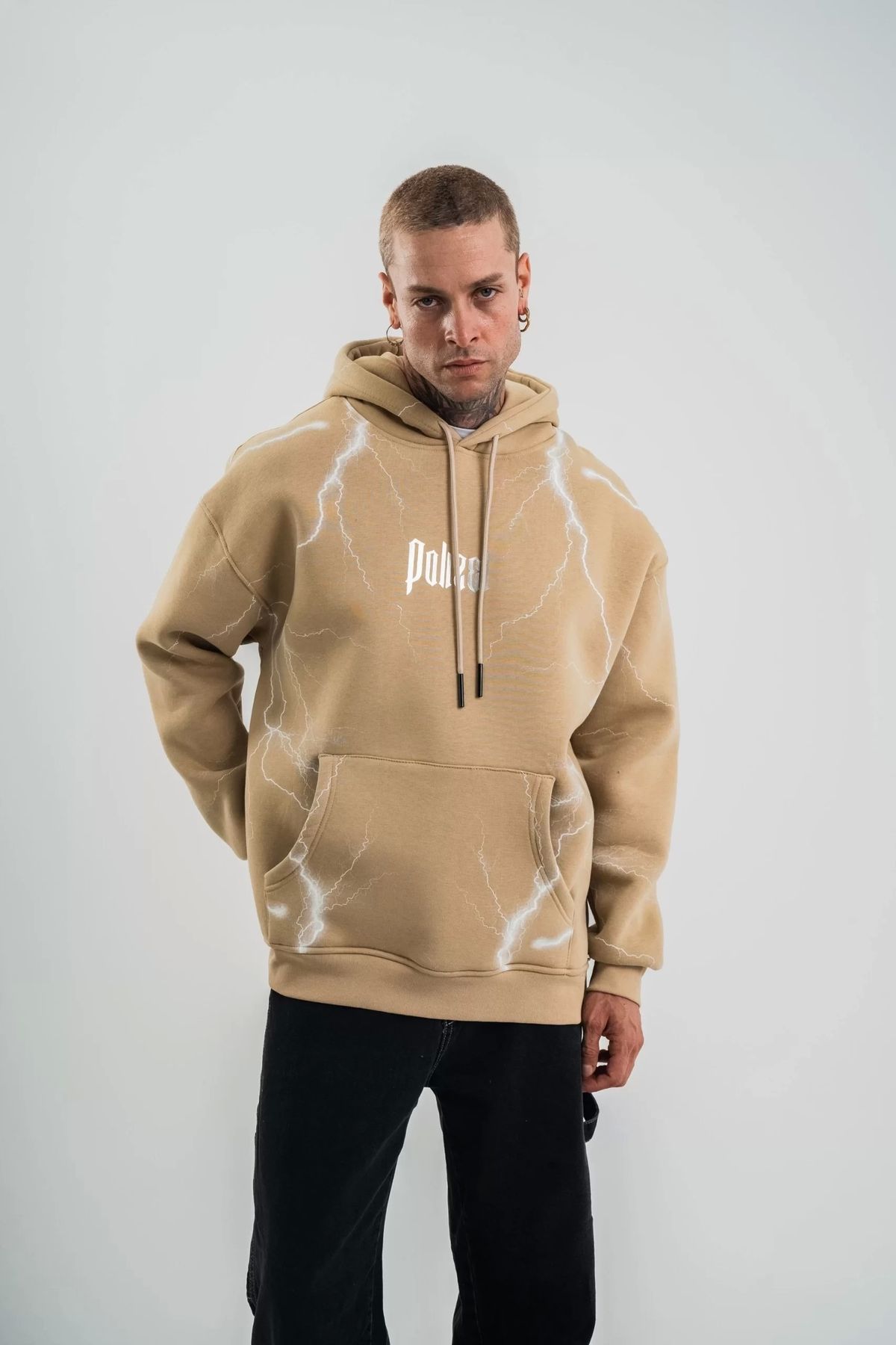 CVS Double Oversize Kapşonlu Şimşek Pano Baskılı SweatShirt - Bej