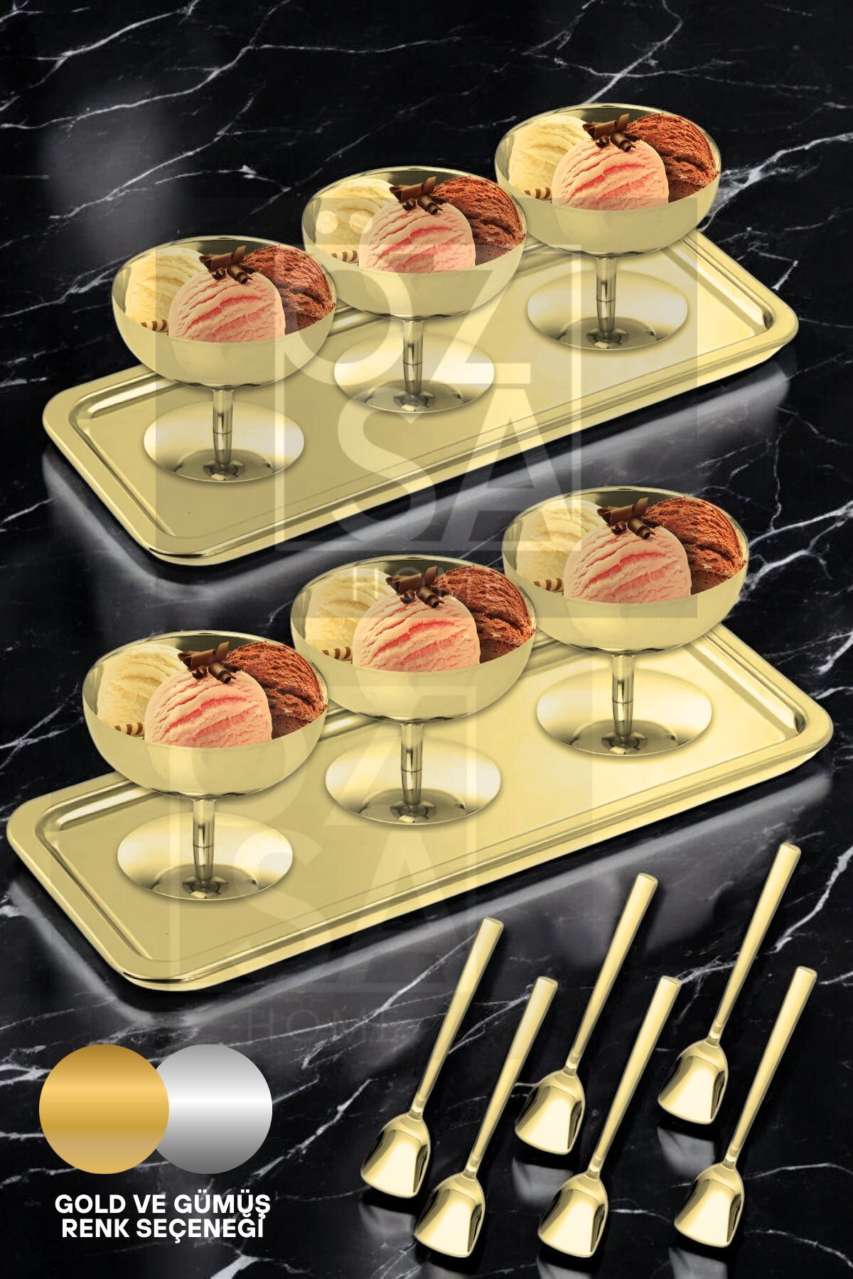 ÖzSa Home-6-Person Gold Ice Cream Server Presentation Set Footed Ice Cream Dessert Bowl 2 Tray Ice Cream Spoon Set 1