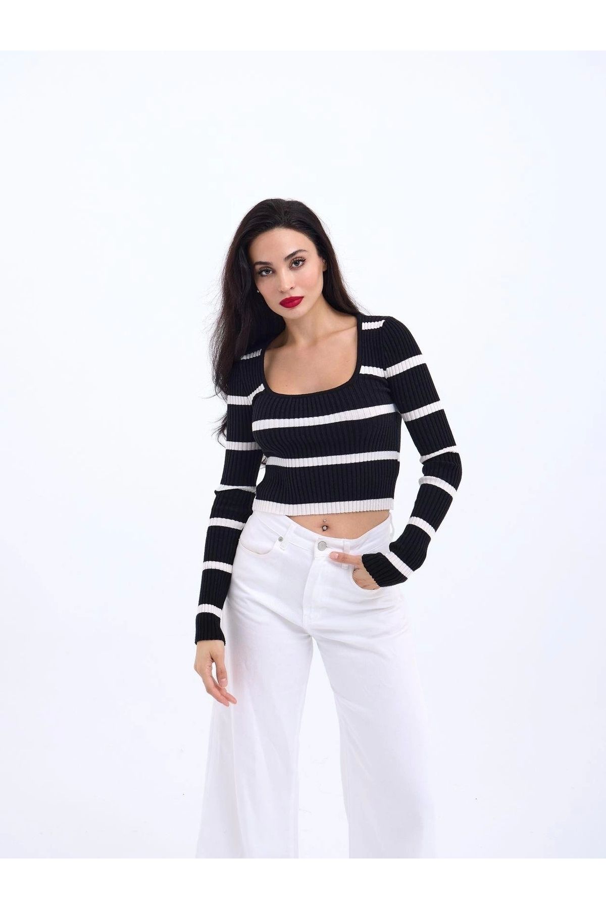 nedo7 42221 TRİKO ÇİZGİLİ FİTİLLİ CROP-SİYAH-EKRU