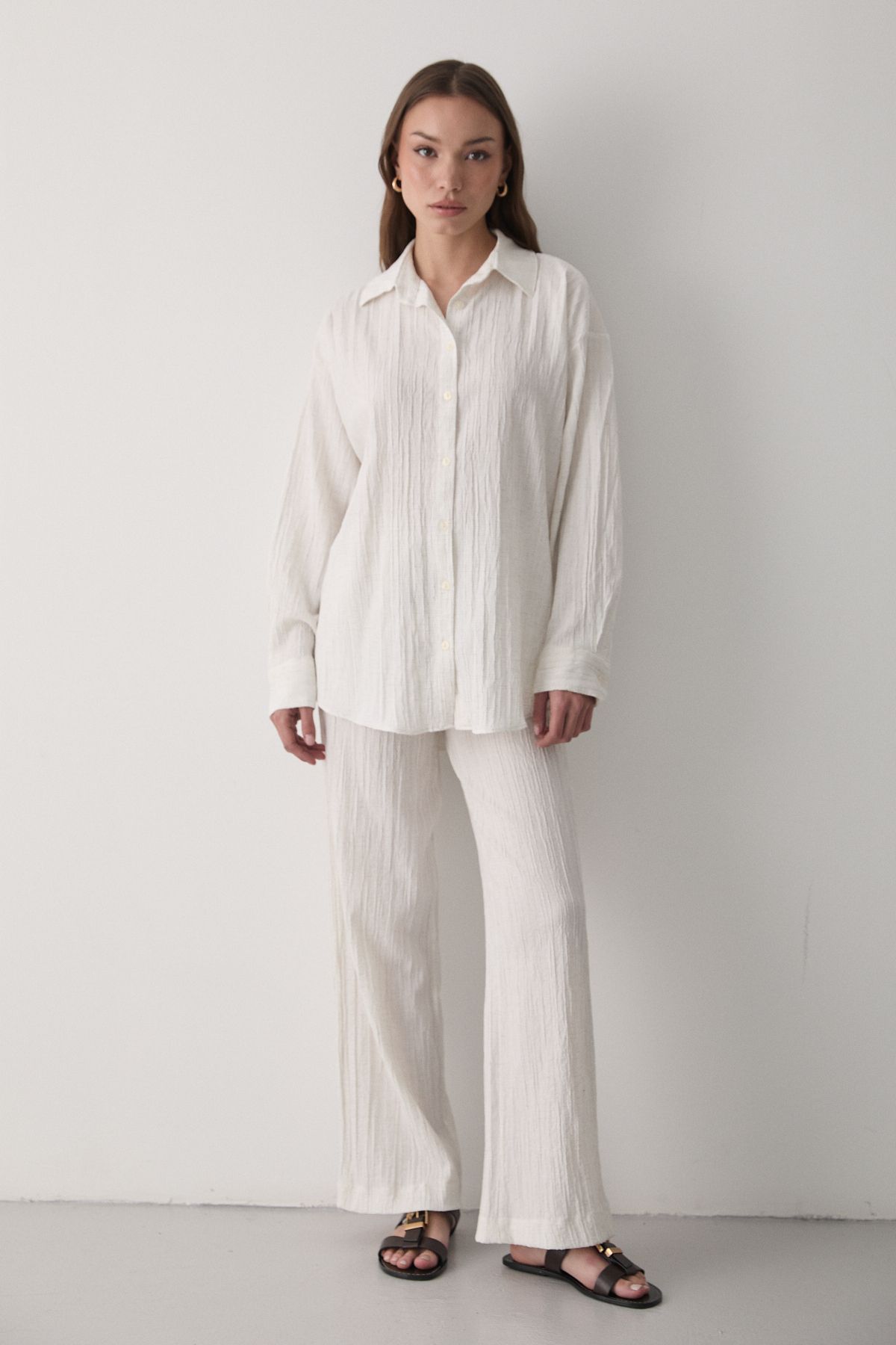 JASTE Kadın Ekru Oversize Keten Gömlek & Pantolon Takım Bağcıklı