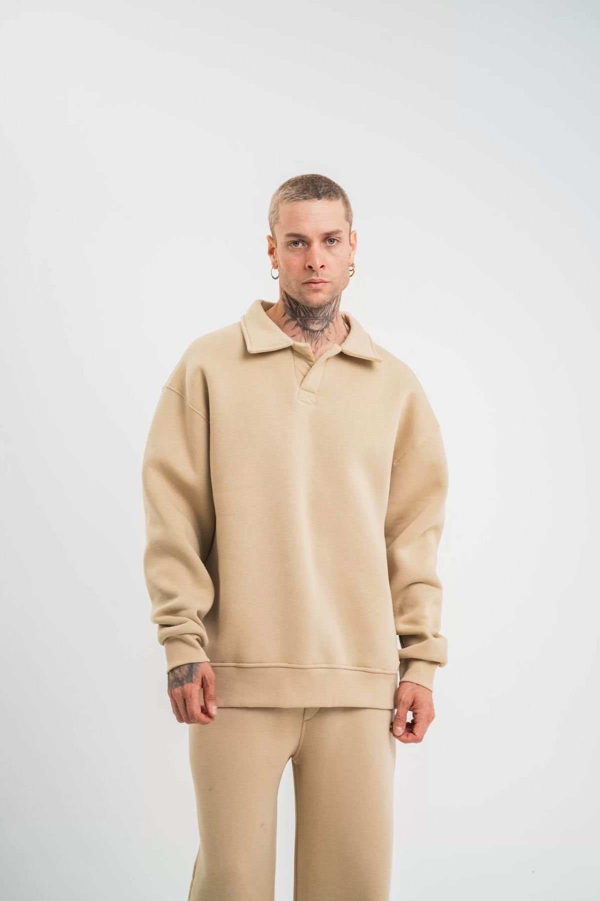 CVS Unisex Double Oversize Patlı Yaka SweatShirt - Bej