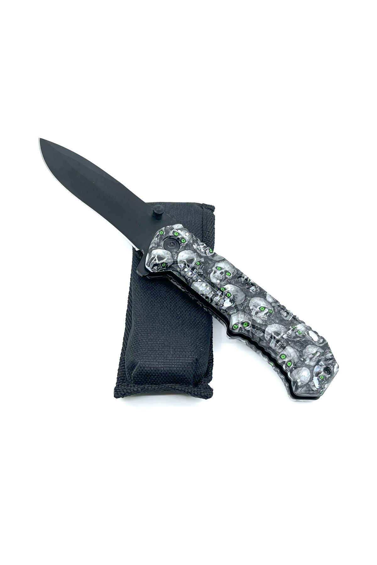 Bıyıklı Tobacco Kuru Kafa Desenli Flipper Mekanizma EDC Çakı - Siyah